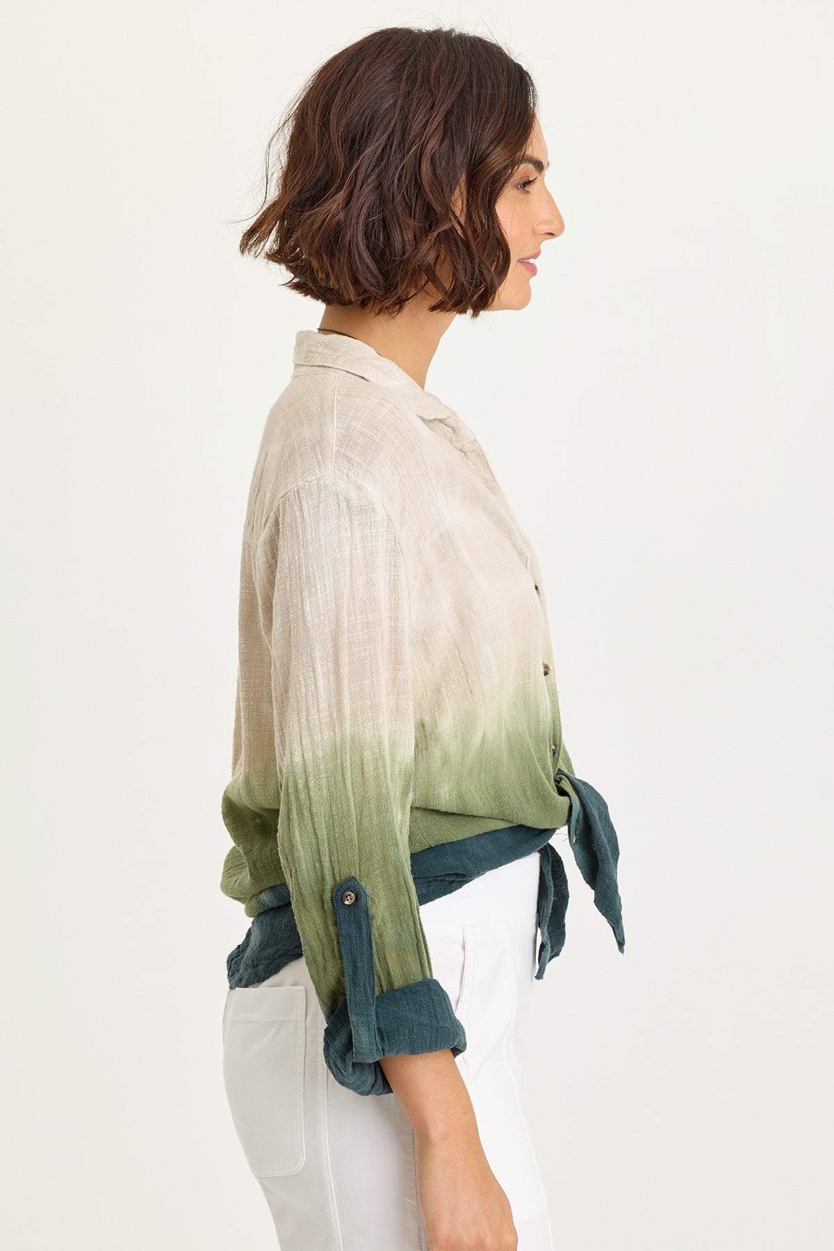 Wearables Porter Gauze Curved Hem Button-Up Top 