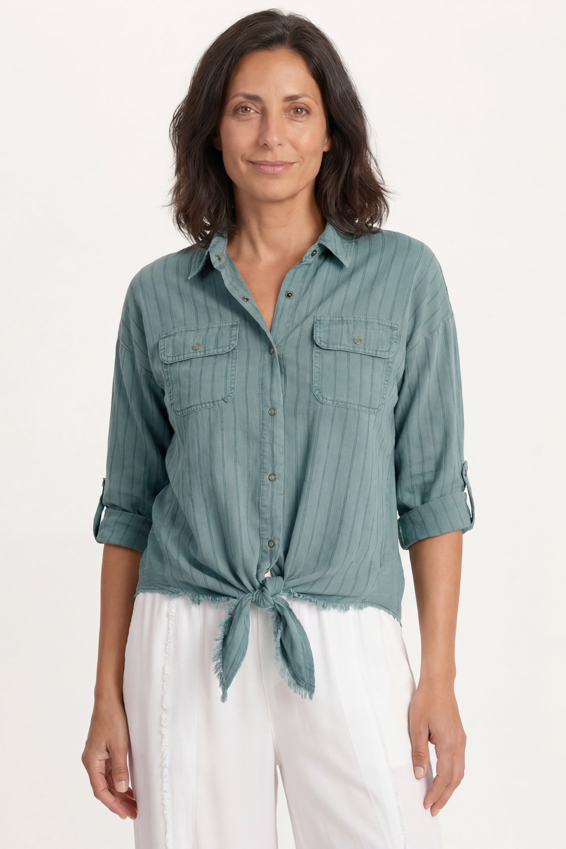 XCVI Kato Tie-Front Top with Flap Pockets 