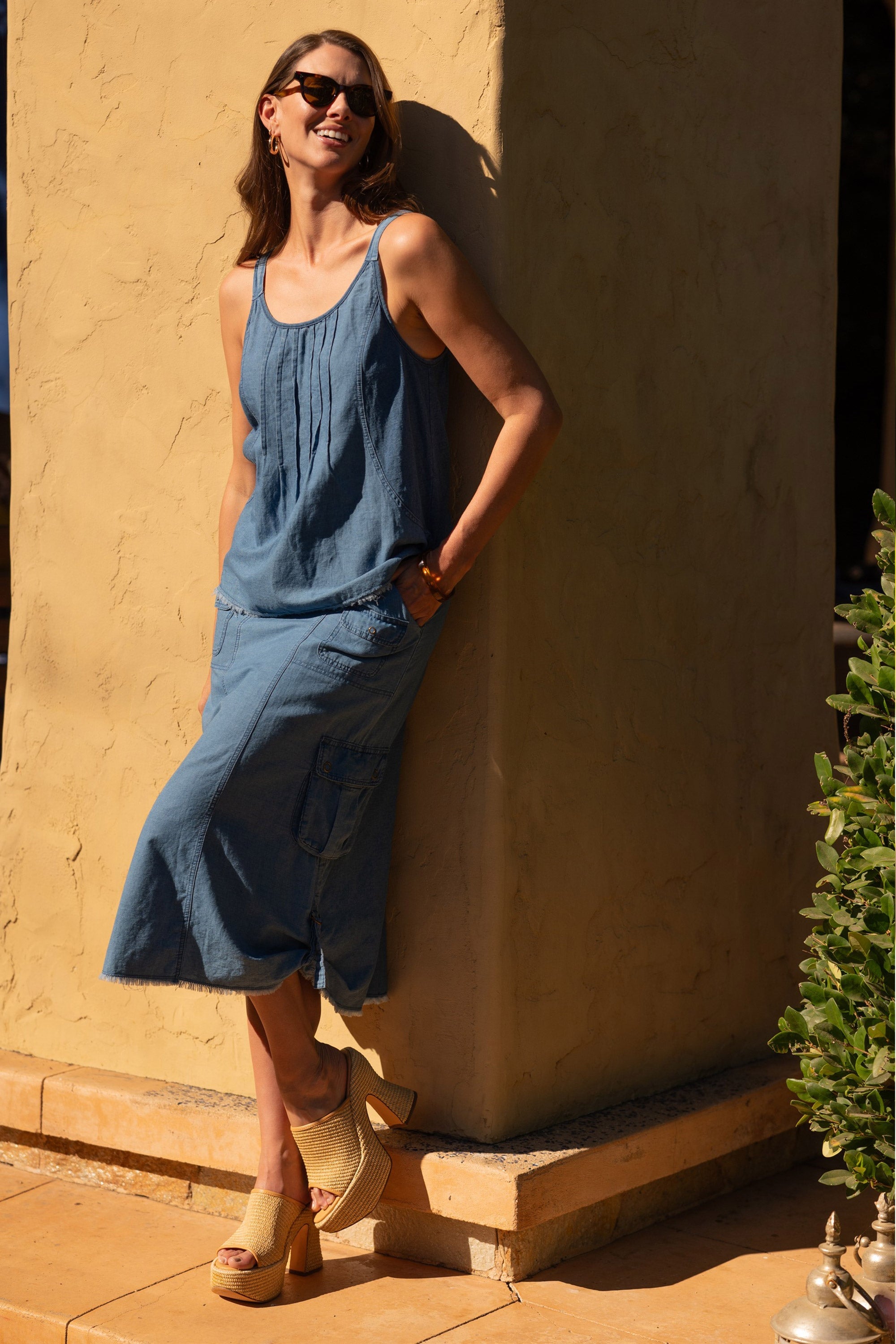 XCVI Norelle Flowy Pintuck Mock-Denim Twill Tank 