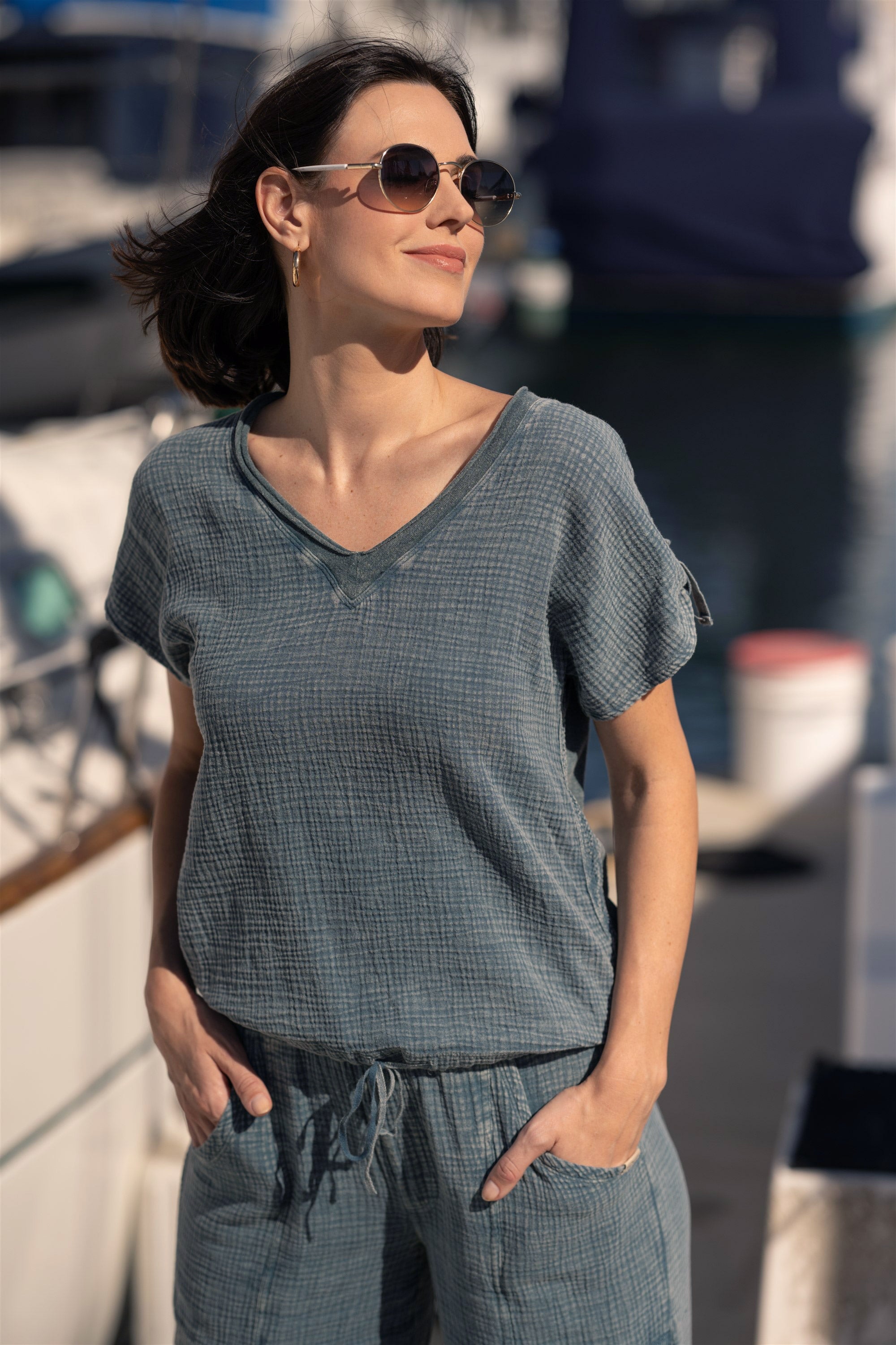 XCVI Bower Gauze/Jersey Tabbed-Sleeve Bubble-Hem V-Neck Tee 
