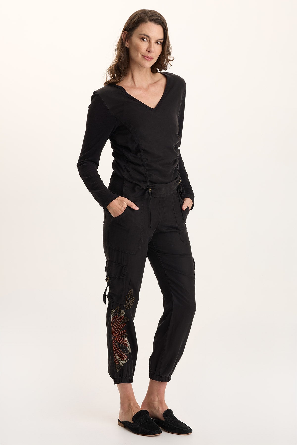 XCVI Ketti Cinched Ruched Twill/Jersey Top