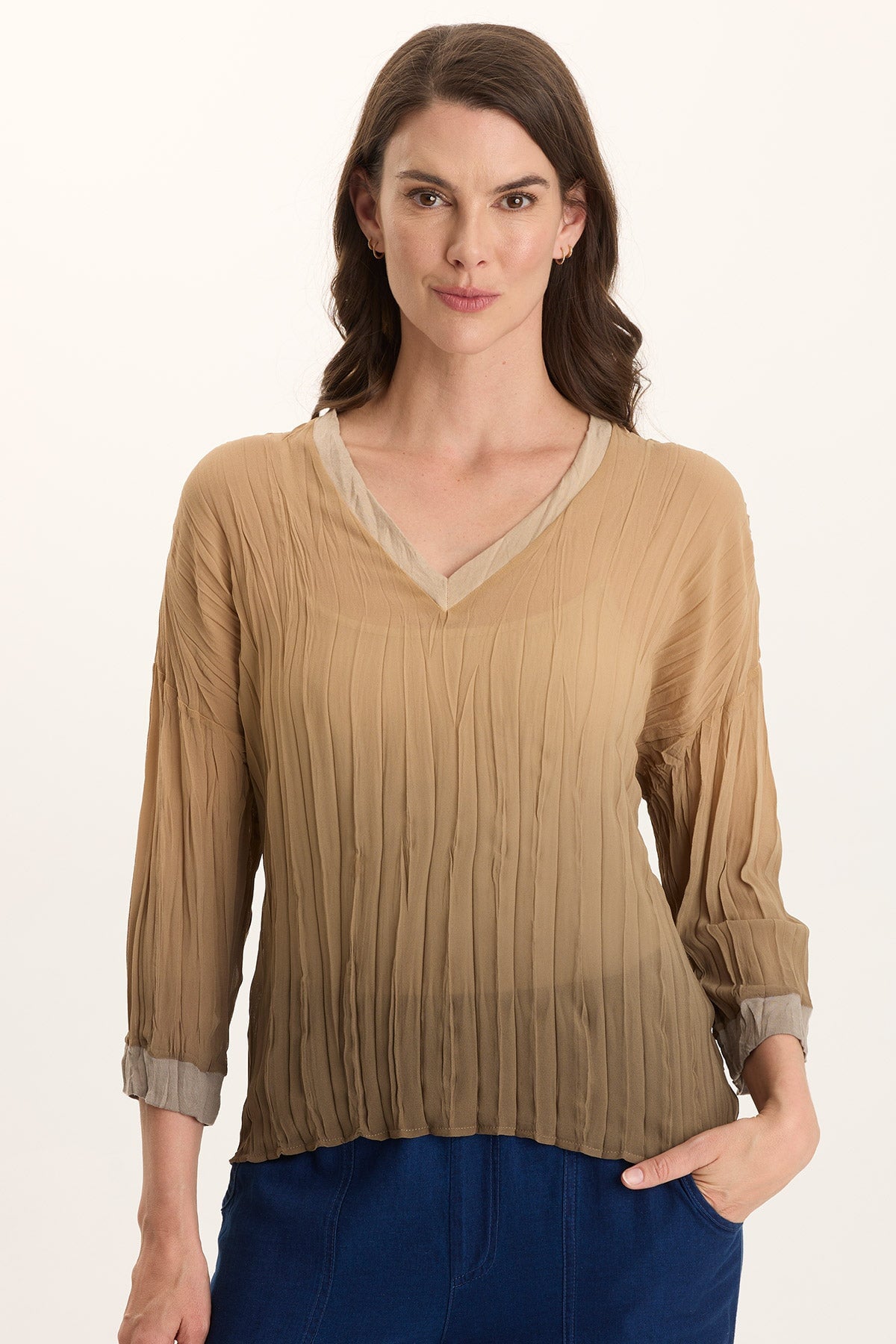 XCVI Hoyt Crinkle Pleat 3/4-Sleeve V-Neck 