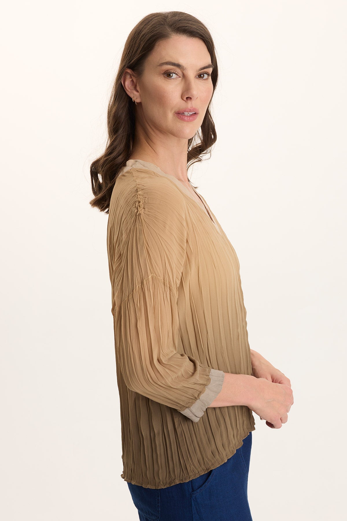 XCVI Hoyt V-Neck Micro-Pleat 3/4-Sleeve Crinkle Top