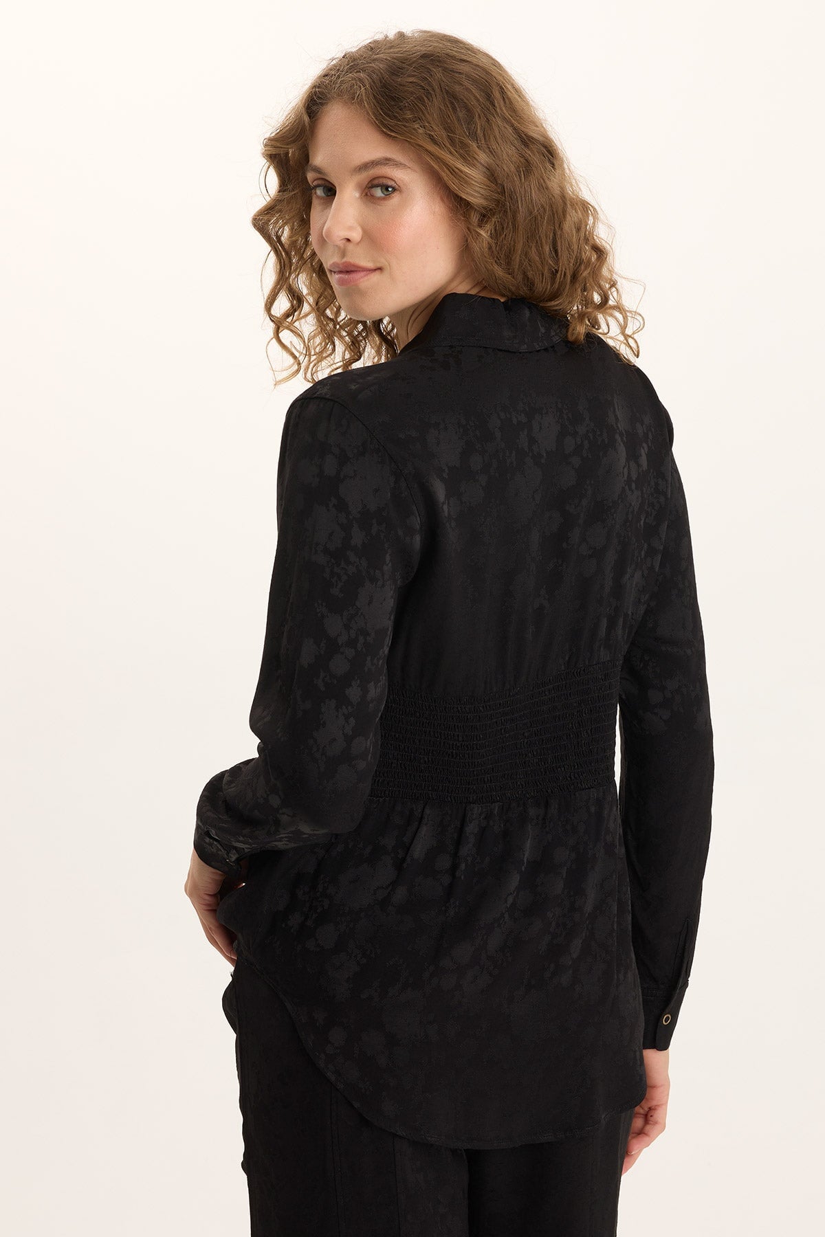 XCVI Senneca Textured Satin Shirred Peplum Button-Up Blouse 