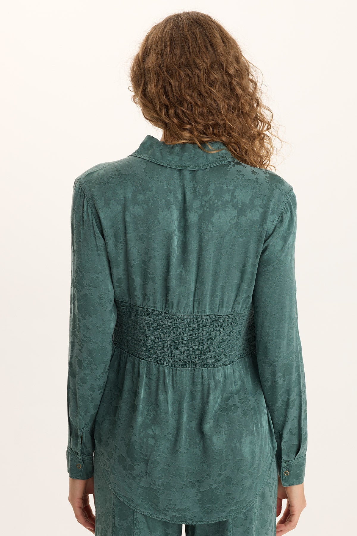 XCVI Senneca Textured Satin Shirred Waist Button-Up Blouse
