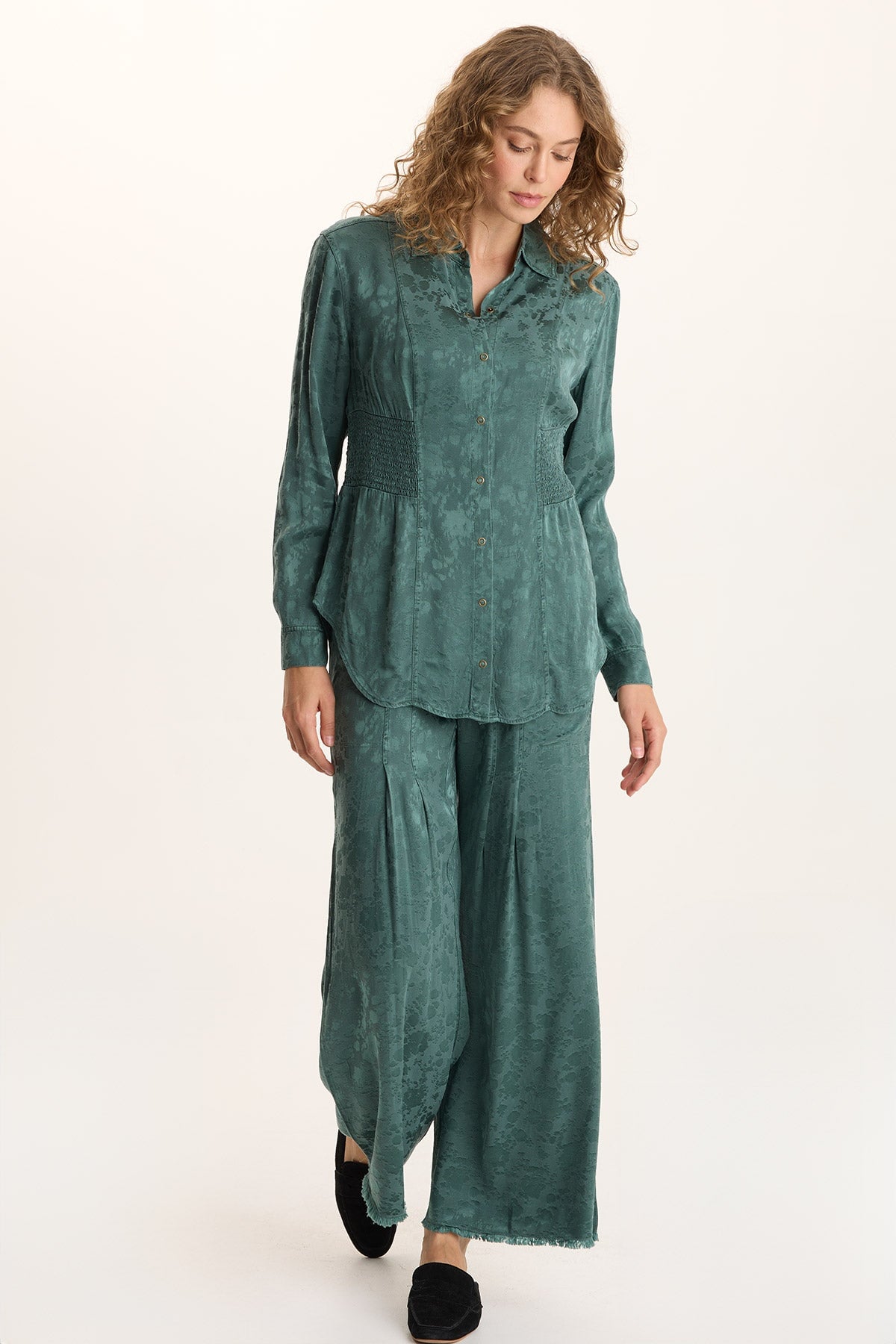 XCVI Senneca Textured Satin Shirred Peplum Button-Up Blouse 