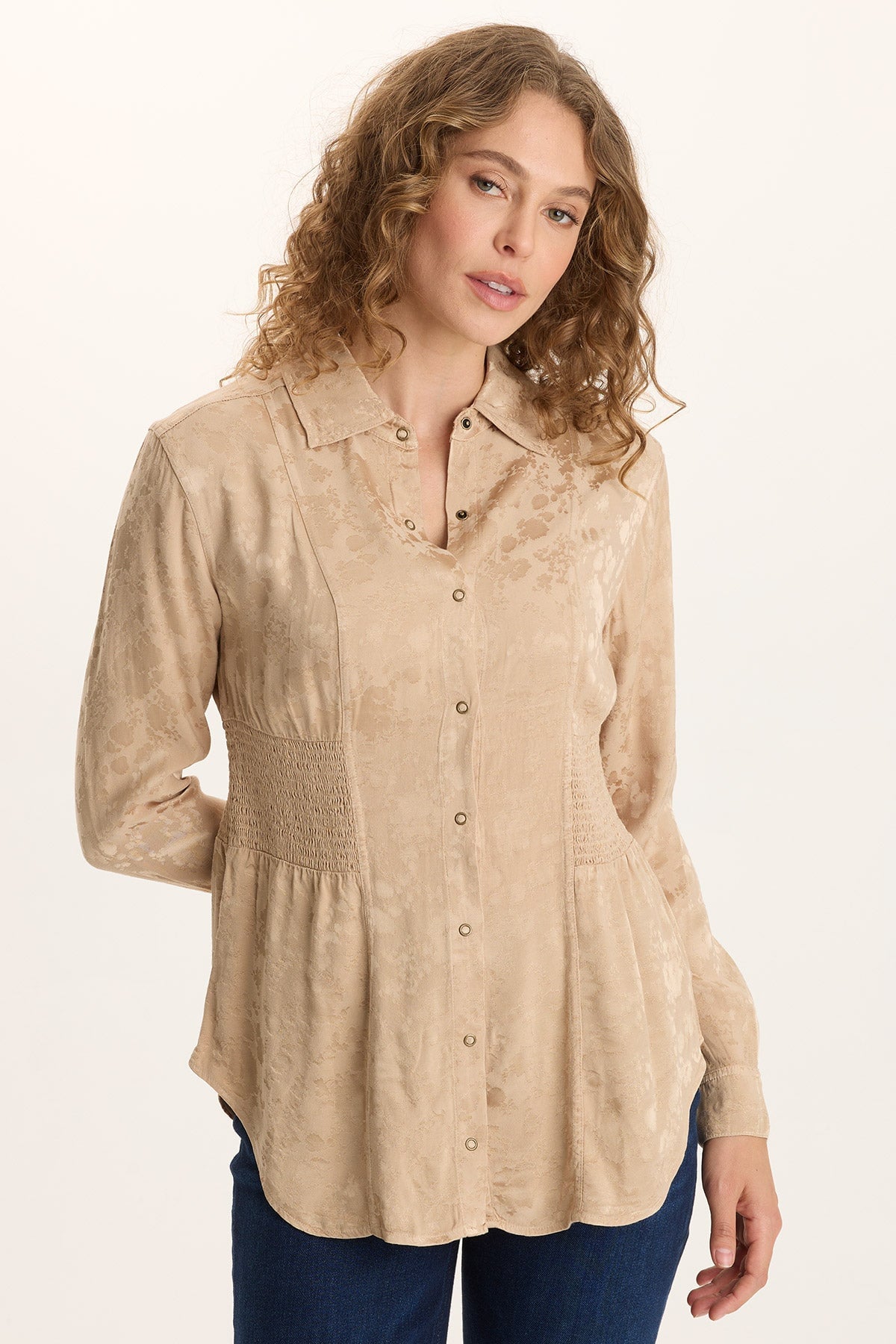 XCVI Senneca Textured Satin Shirred Peplum Button-Up Blouse 