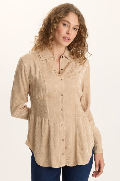 XCVI Senneca Textured Satin Shirred Waist Button-Up Blouse