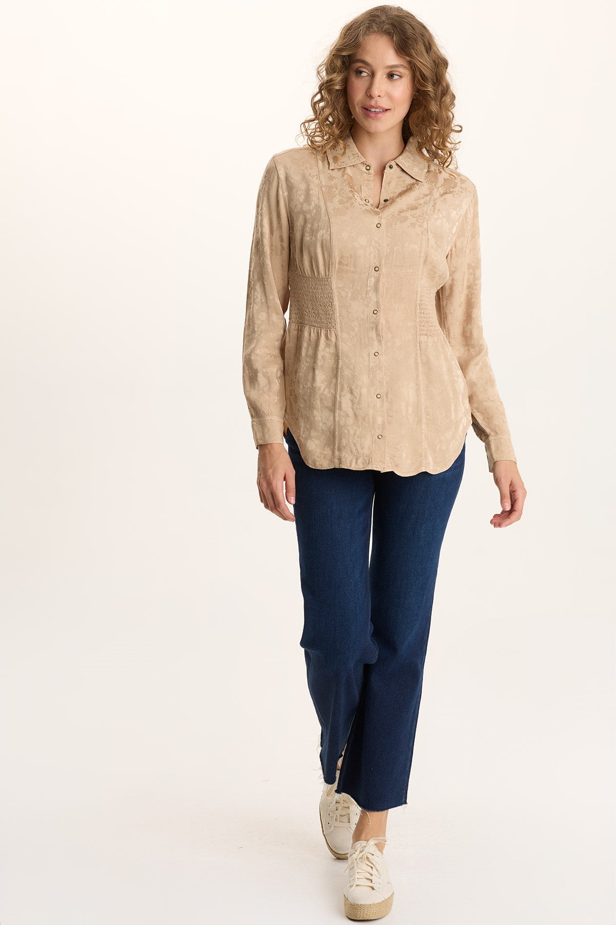 XCVI Senneca Textured Satin Shirred Waist Button-Up Blouse