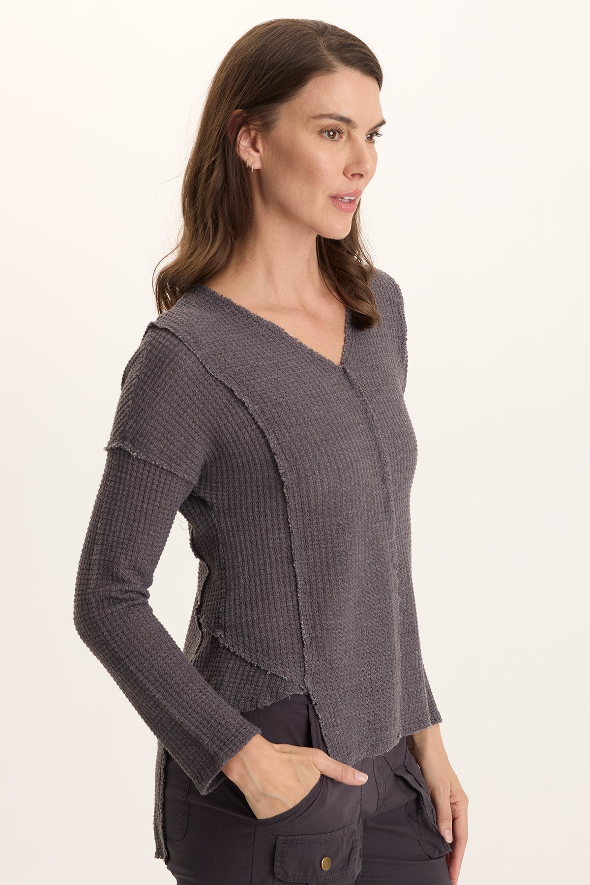 XCVI Arnie Thermal Asymmetrical Hem V-Neck Top 