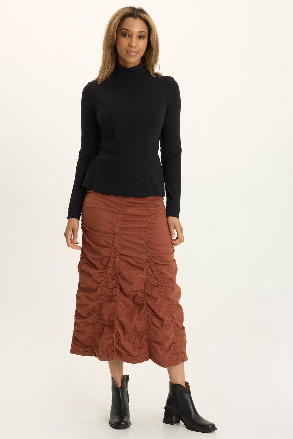 Wearables Poplin Gored Shirred Midi Skirt