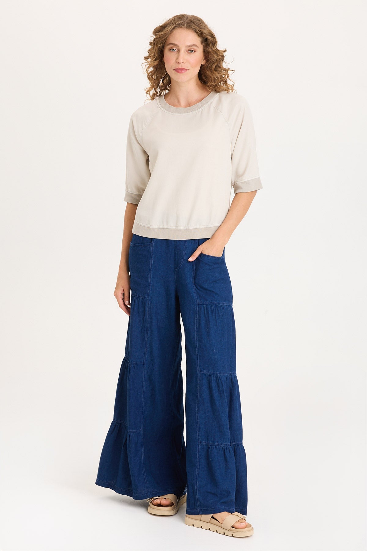 XCVI Mock-Denim Side Tiered Pull-On Waist Wide Leg Dugan Pant
