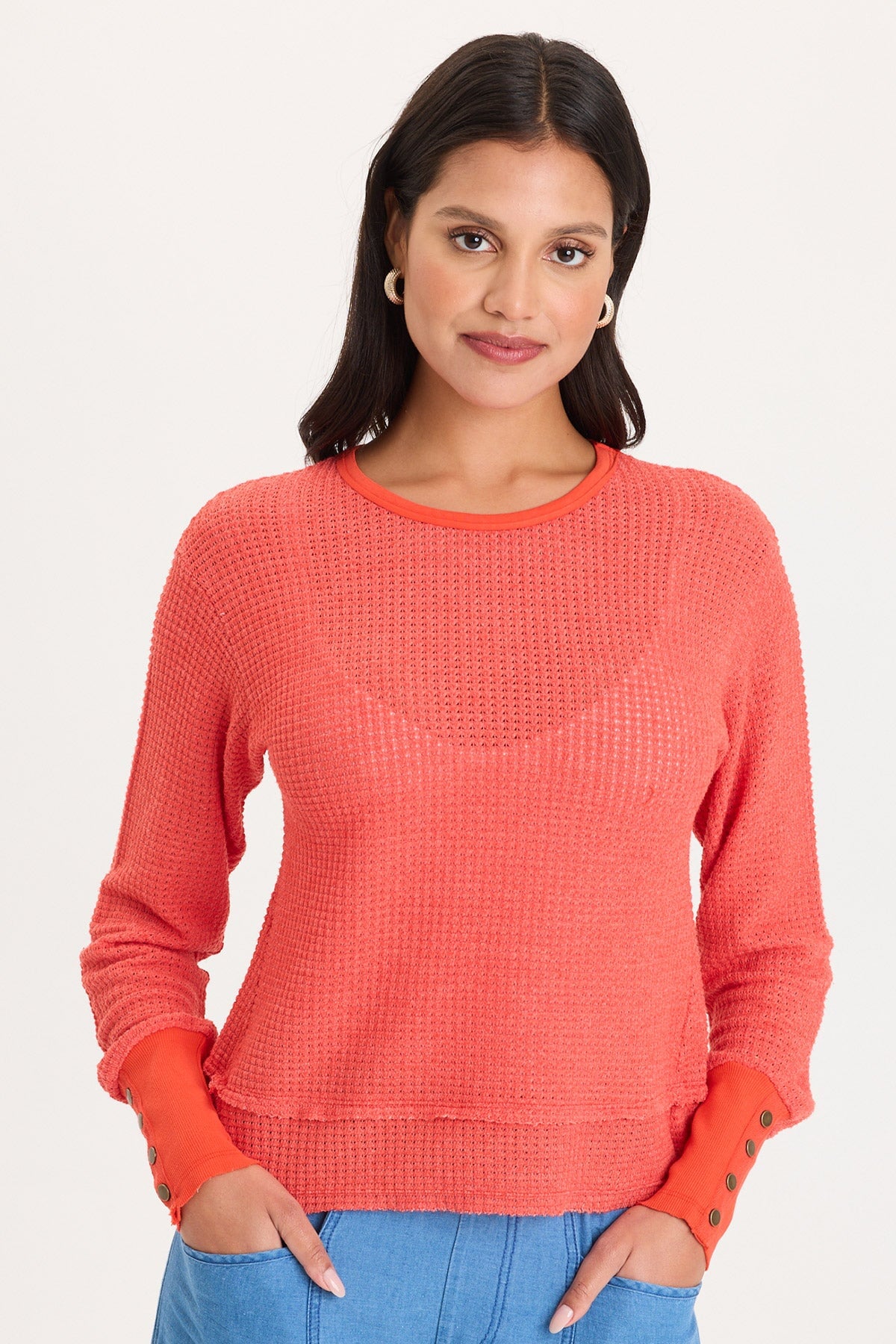 XCVI Long Ribbed Buttoned Cuffs Thermal Long Sleeve Kelsoe Crew Neck