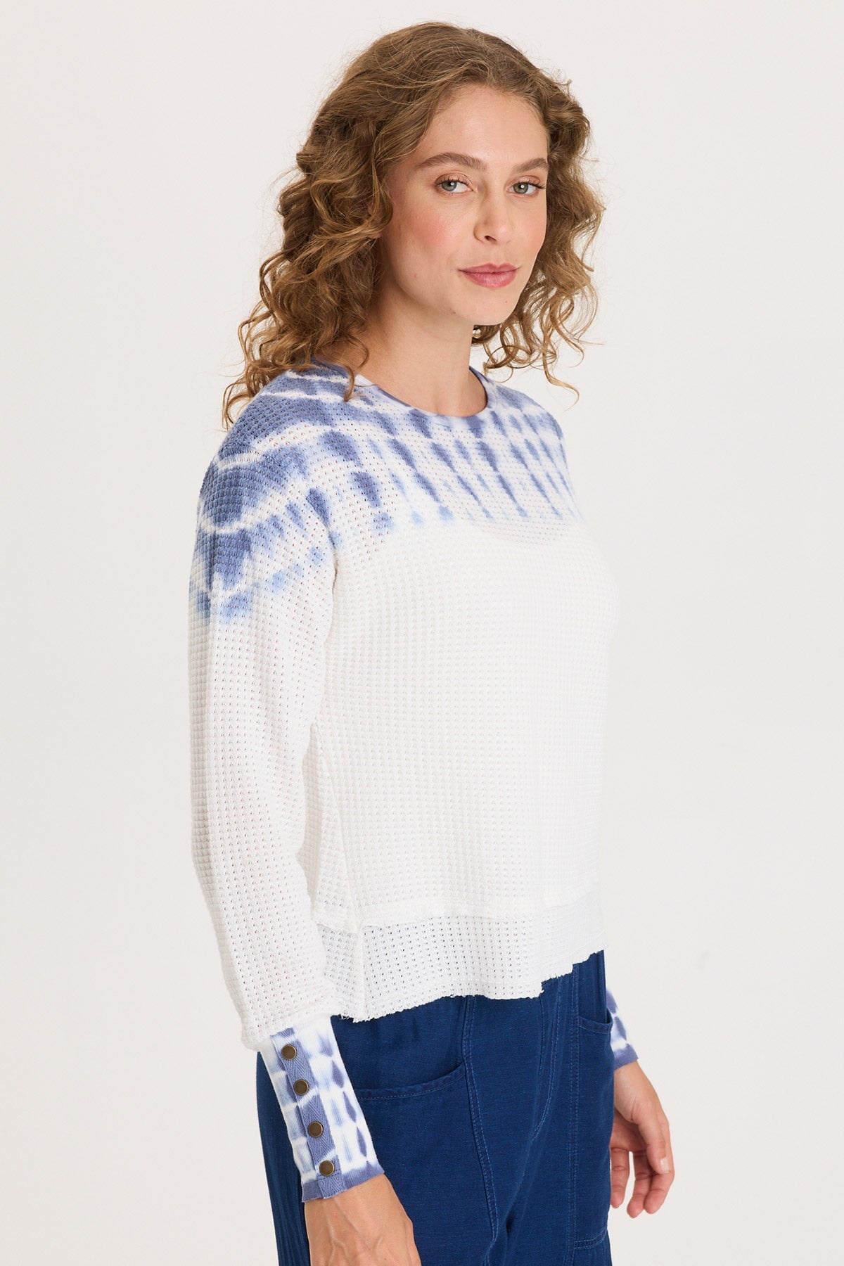 XCVI Long Ribbed Buttoned Cuffs Thermal Long Sleeve Kelsoe Crew Neck