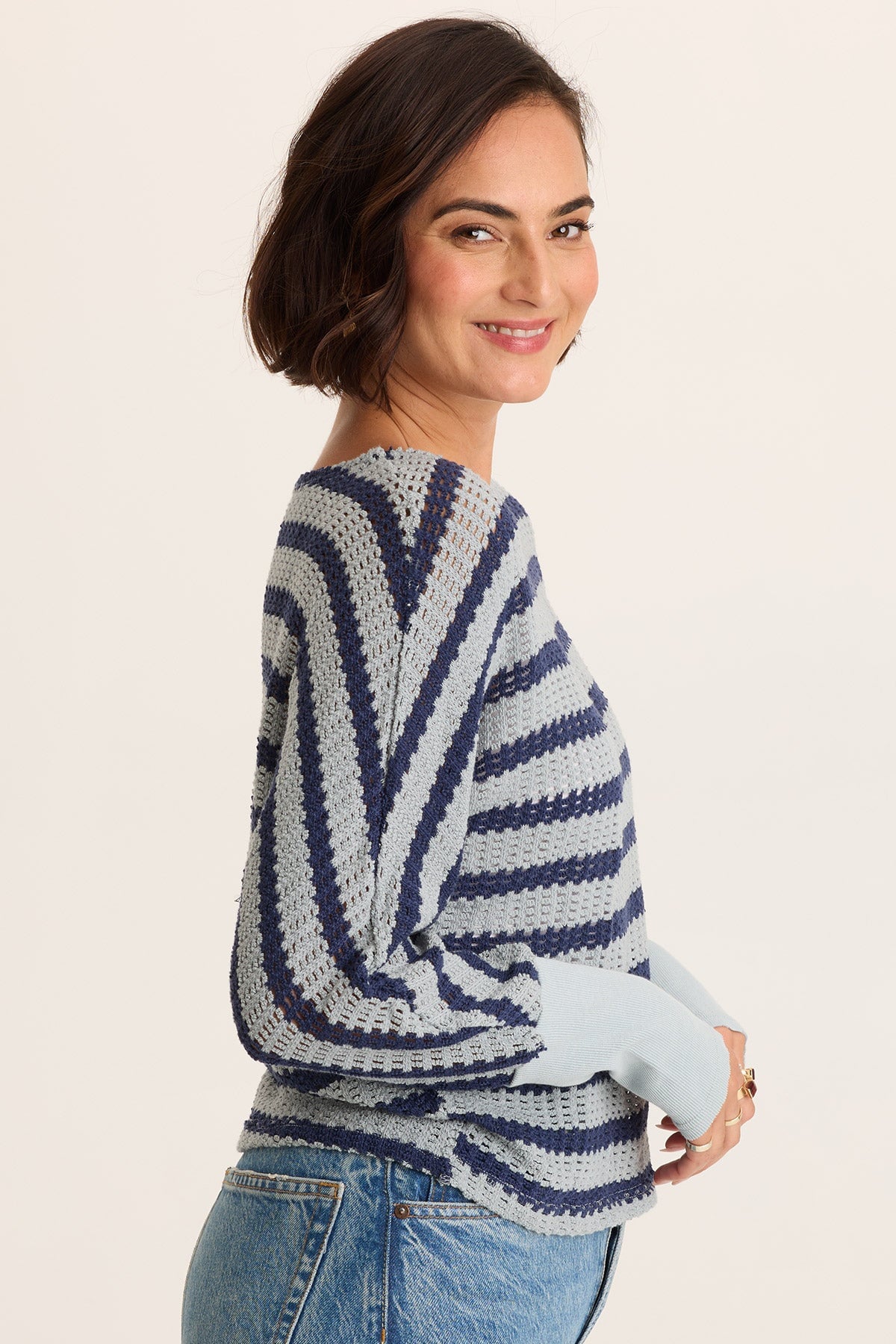 XCVI Navy Stripe Knit Boat Neck Pull-Over Gowen Kimono Long