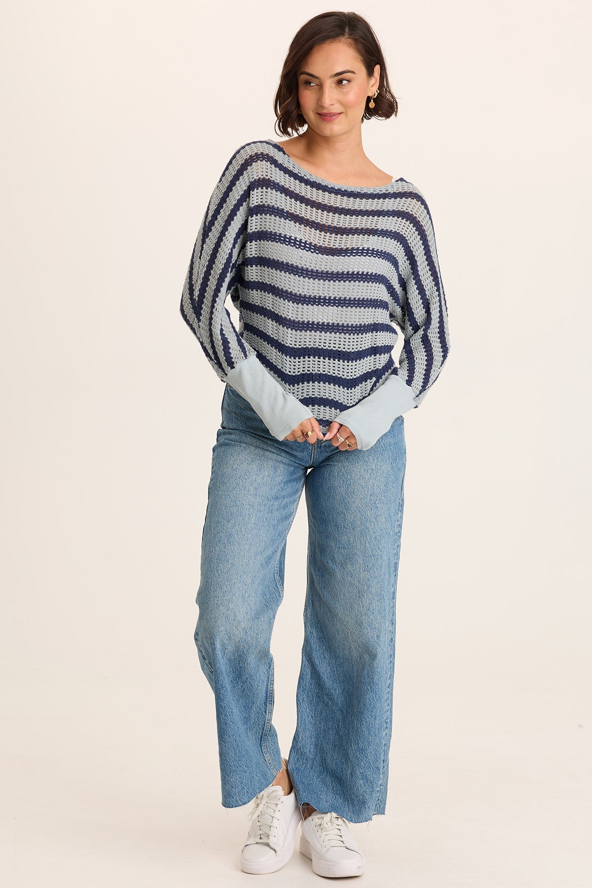 XCVI Navy Stripe Knit Boat Neck Pull-Over Gowen Kimono Long