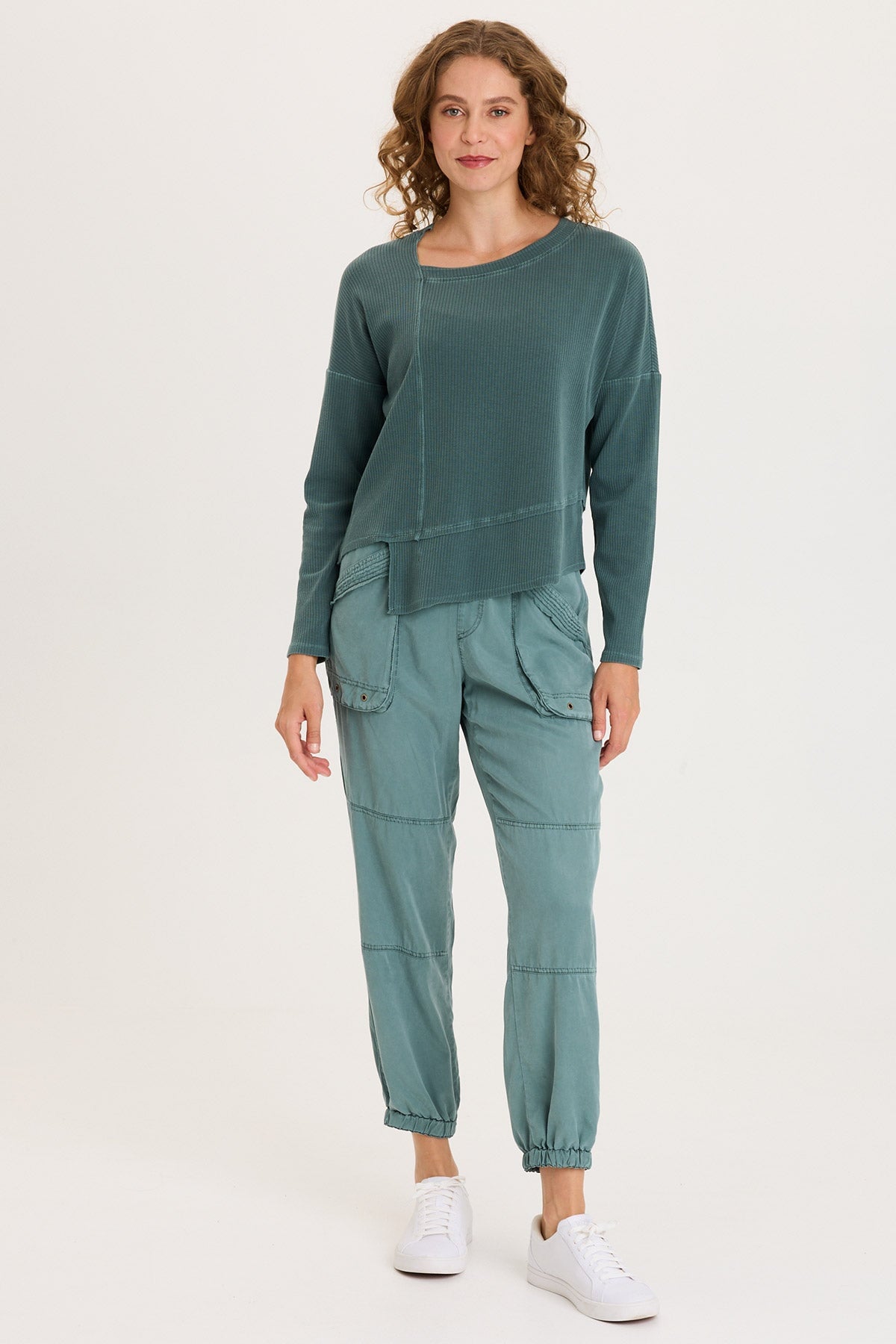 XCVI Hadden Asymmetrial Hem and Seams Wide Rib Long Sleeve Top