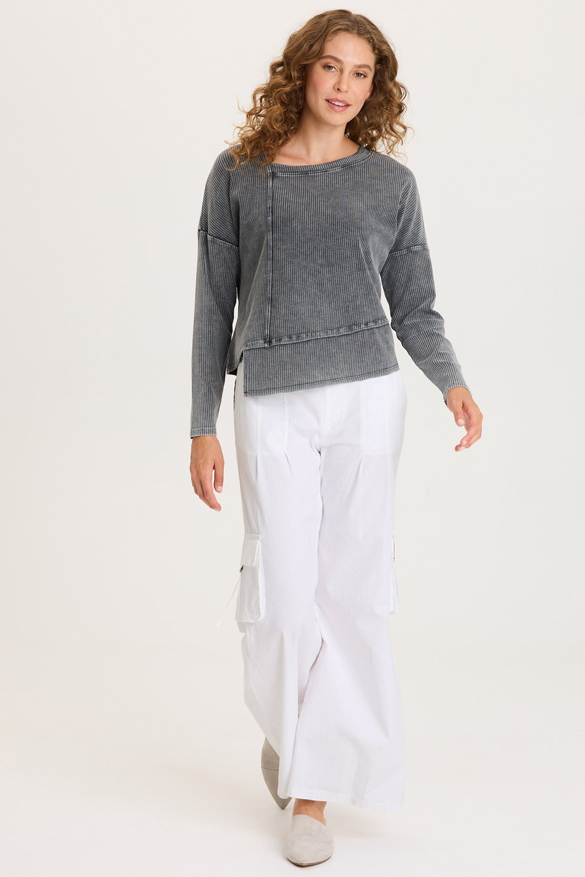 XCVI Hadden Asymmetrial Hem and Seams Wide Rib Long Sleeve Top