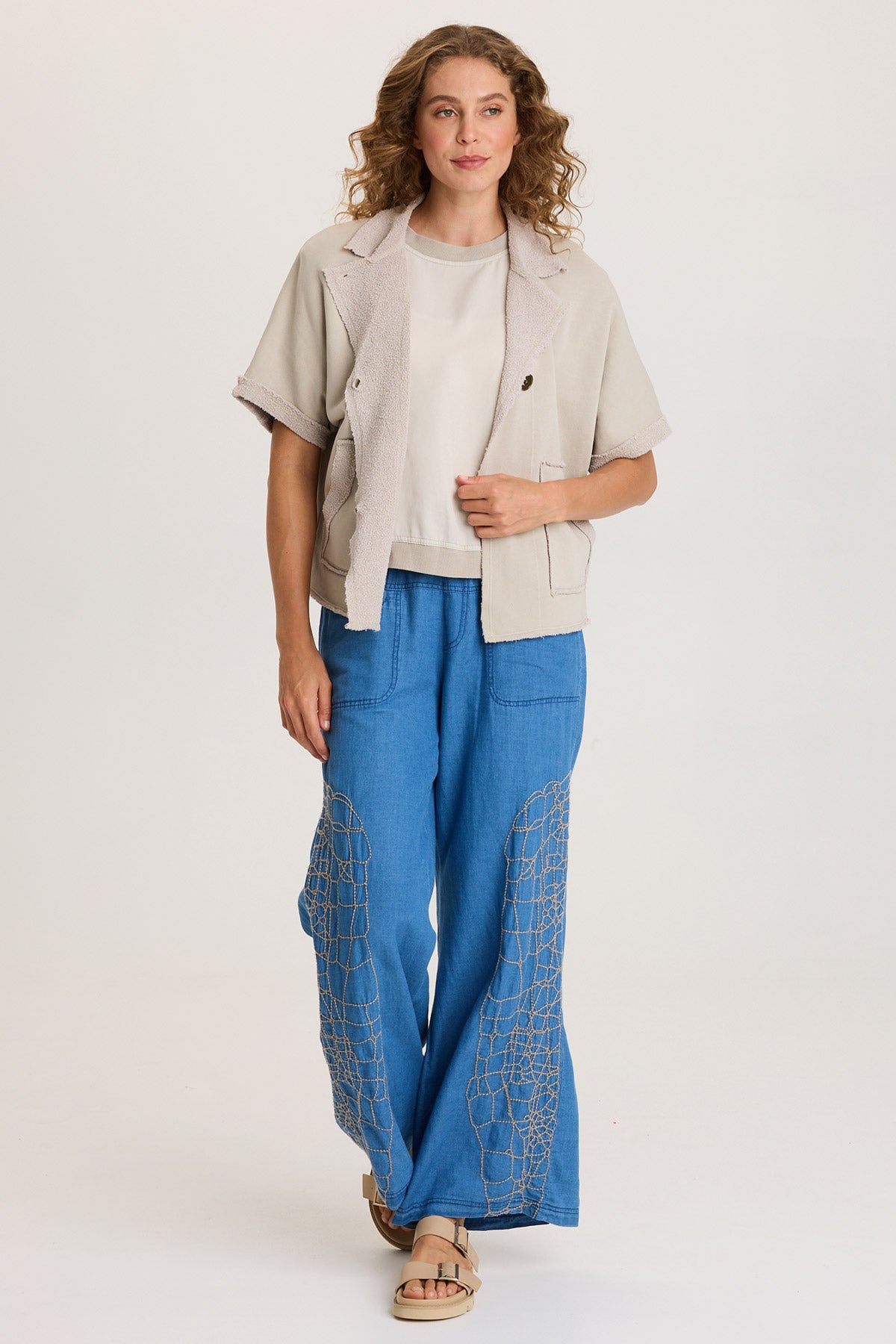 XCVI Bonello Embroidered Mock-Denim Wide-Leg Pant 