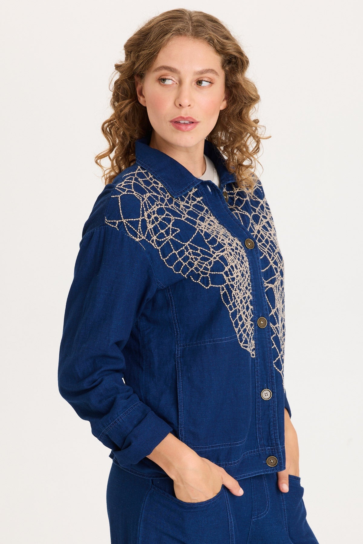 XCVI Mock-Denim Embroidered Button-Front Utility Helm Jacket