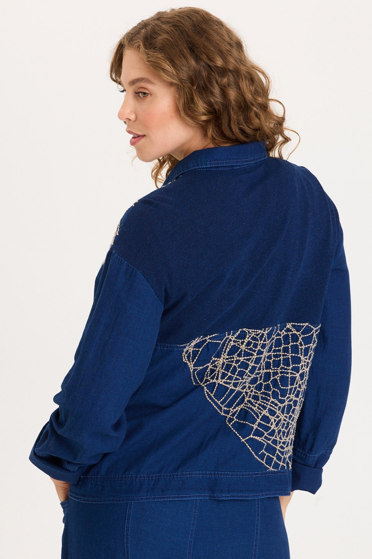 XCVI Mock-Denim Embroidered Button-Front Utility Helm Jacket