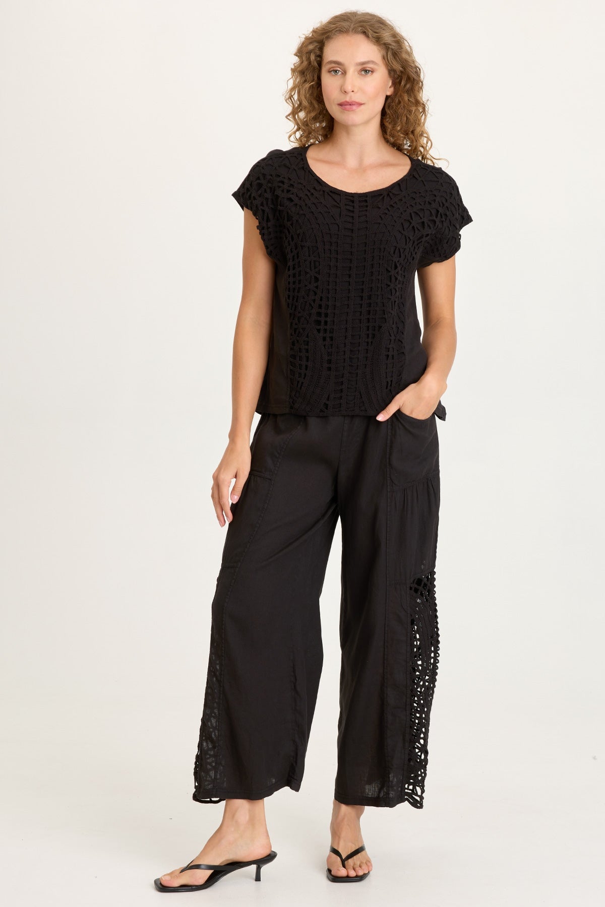 XCVI Nashir Crochet-Front Jersey-Back Short-Sleeve Top