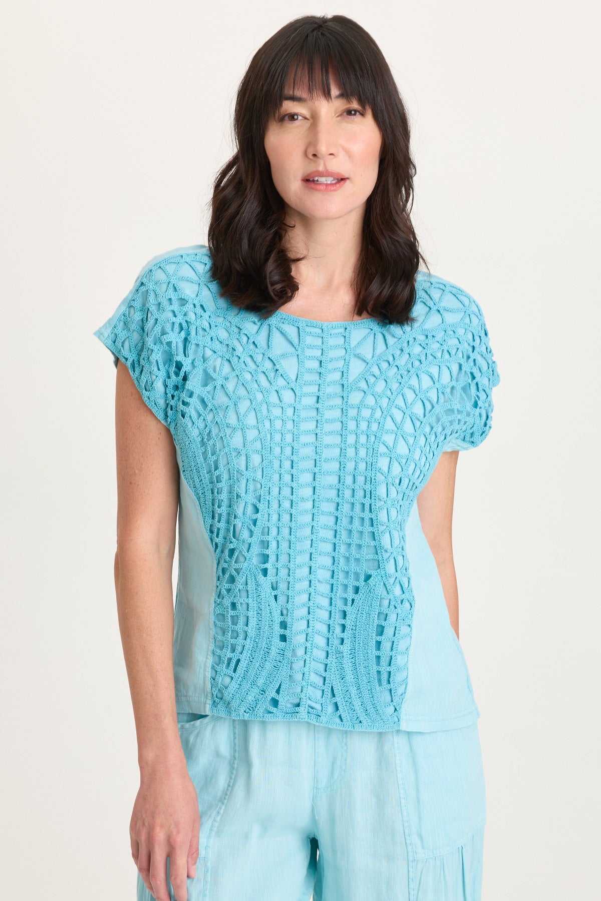 XCVI Nashir Crochet-Front Jersey-Back Short-Sleeve Top