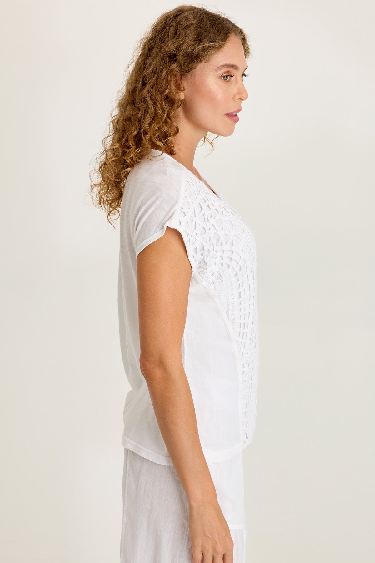 XCVI Nashir Crochet-Front Jersey-Back Short-Sleeve Top