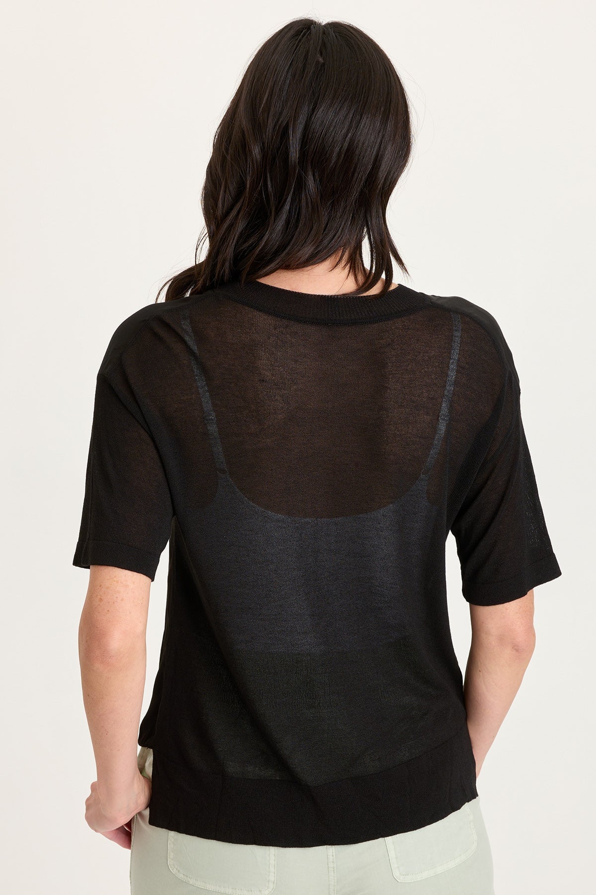 XCVI Lottie Satin/Knit Short Sleeve V-Neck Top