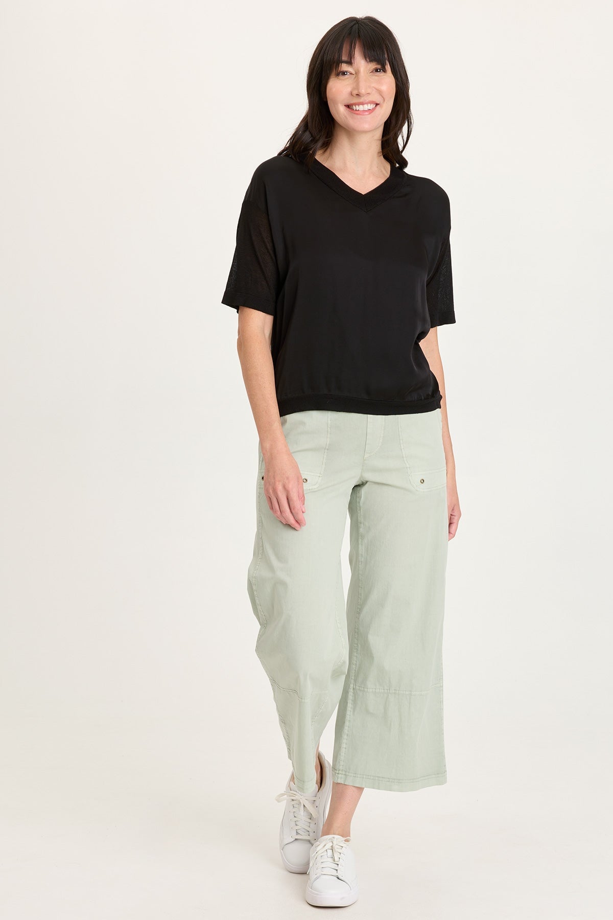 XCVI Lottie Satin/Knit Short Sleeve V-Neck Top