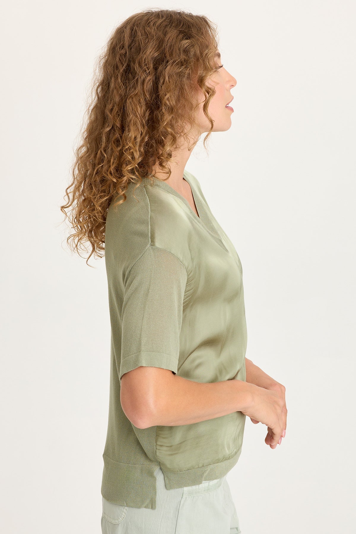 XCVI Lottie Satin/Knit V-Neck Top 