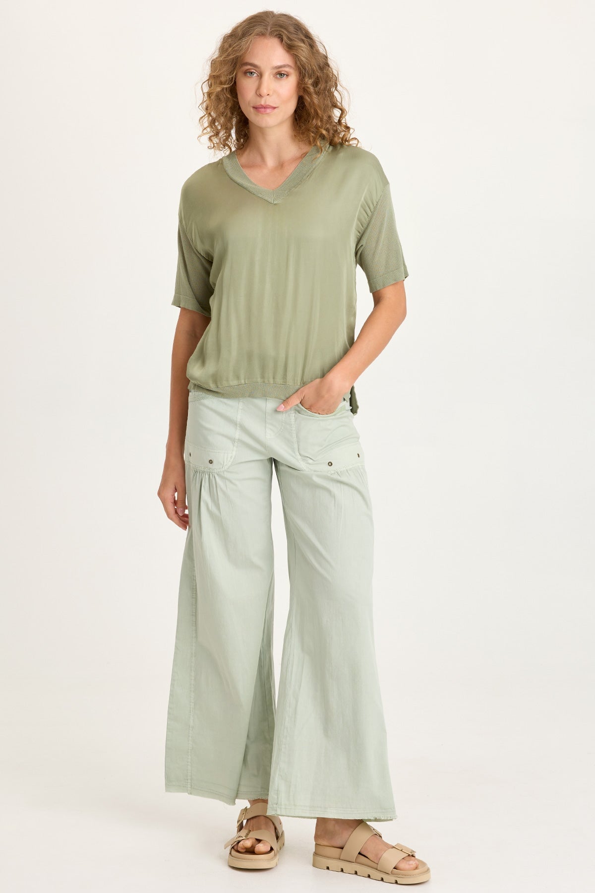 XCVI Lottie Satin/Knit V-Neck Top 