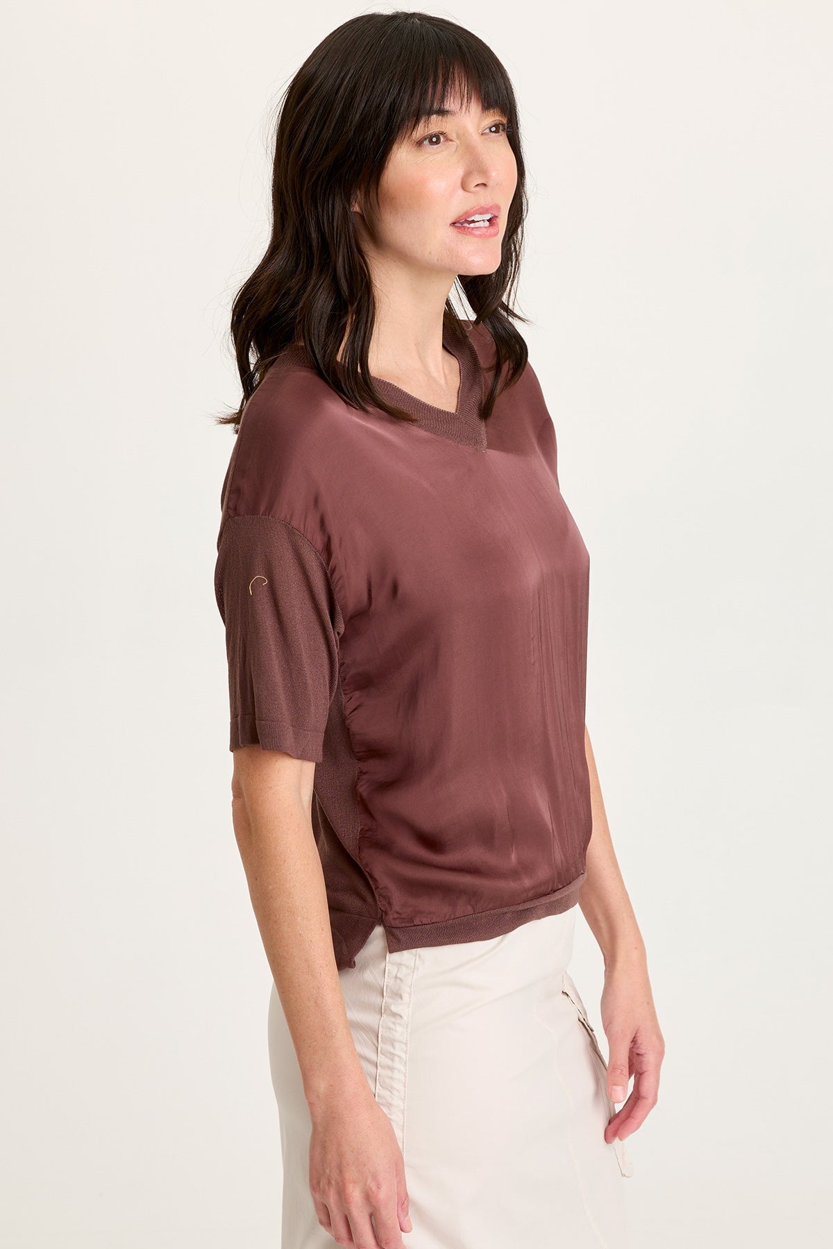 XCVI Lottie Satin/Knit V-Neck Top 