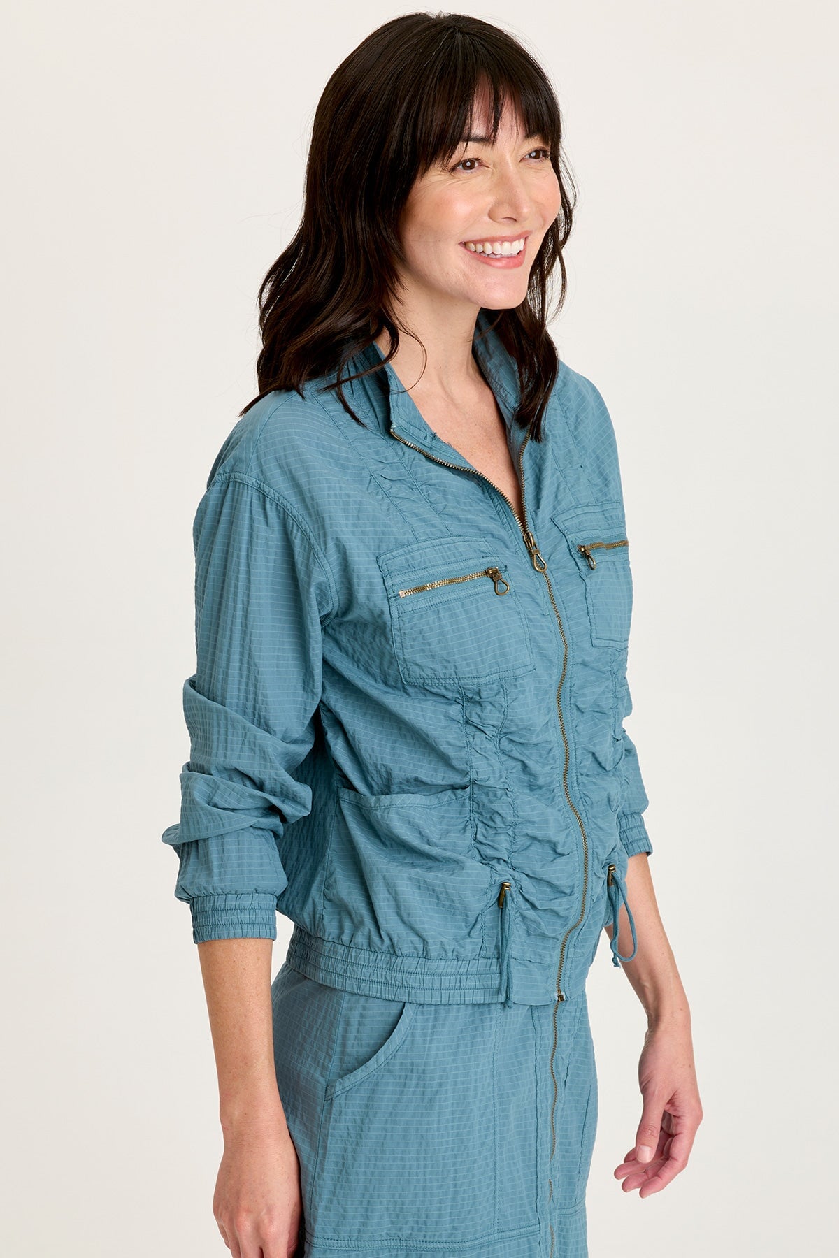 XCVI Amis Textured Stretch Cinchable Front Bomber Jacket