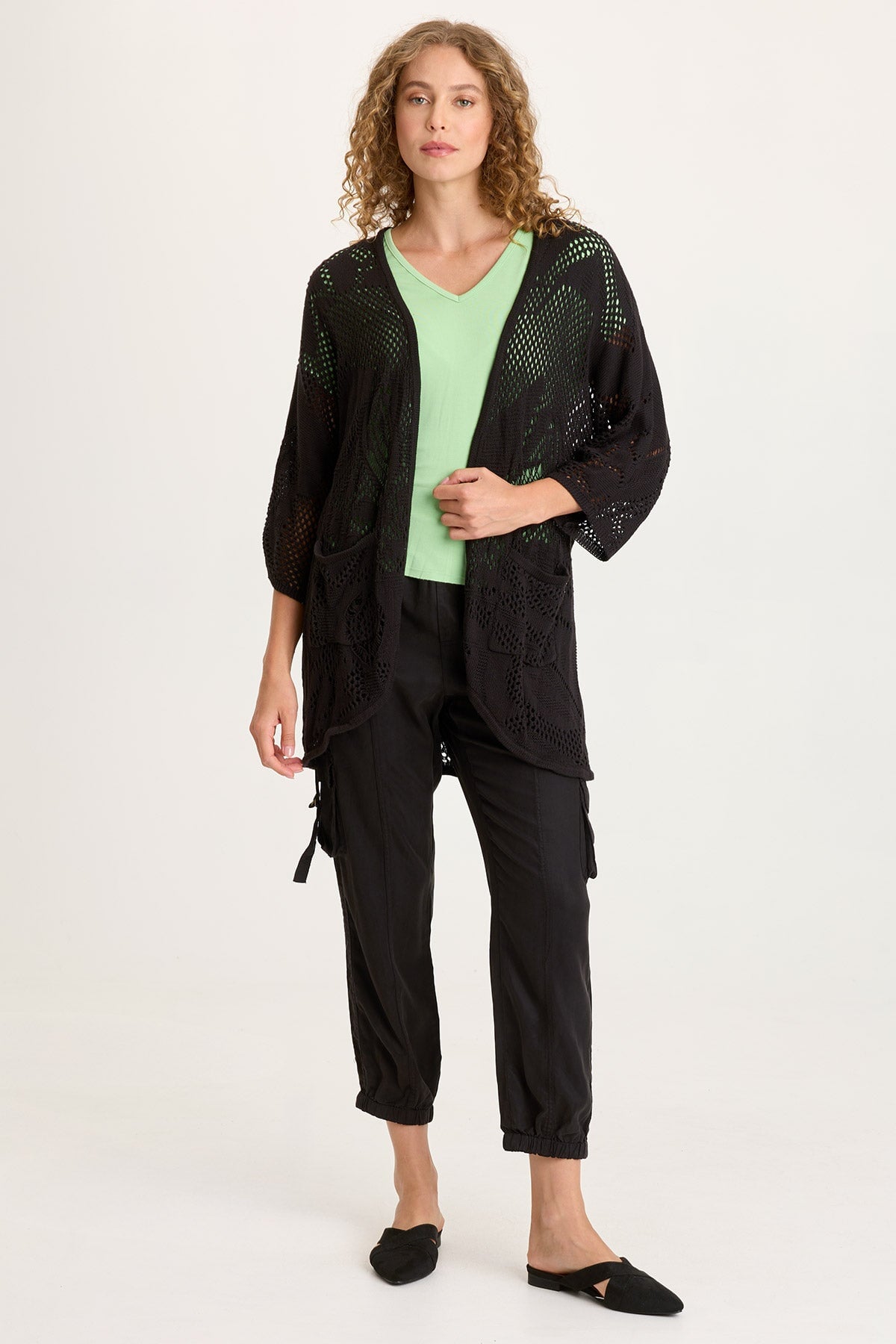 XCVI Redford Cotton Knit Mesh-Like Rounded Hem 3/4 Sleeve Cardigan