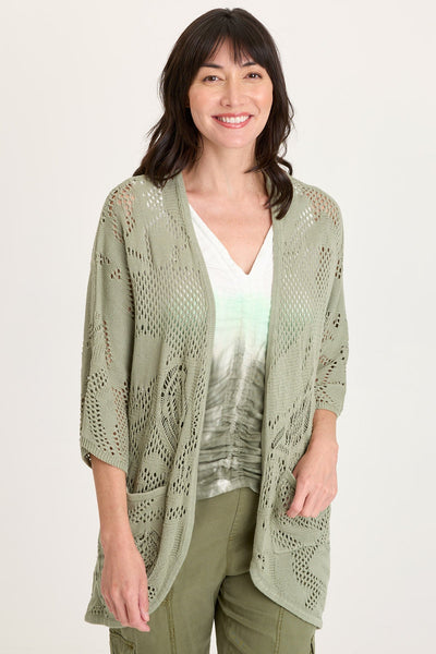 XCVI Redford Cotton Knit Mesh-Like Rounded Hem 3/4 Sleeve Cardigan