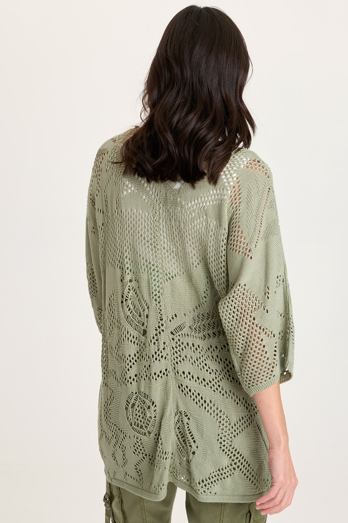 XCVI Redford Cotton Knit Mesh-Like Rounded Hem 3/4 Sleeve Cardigan