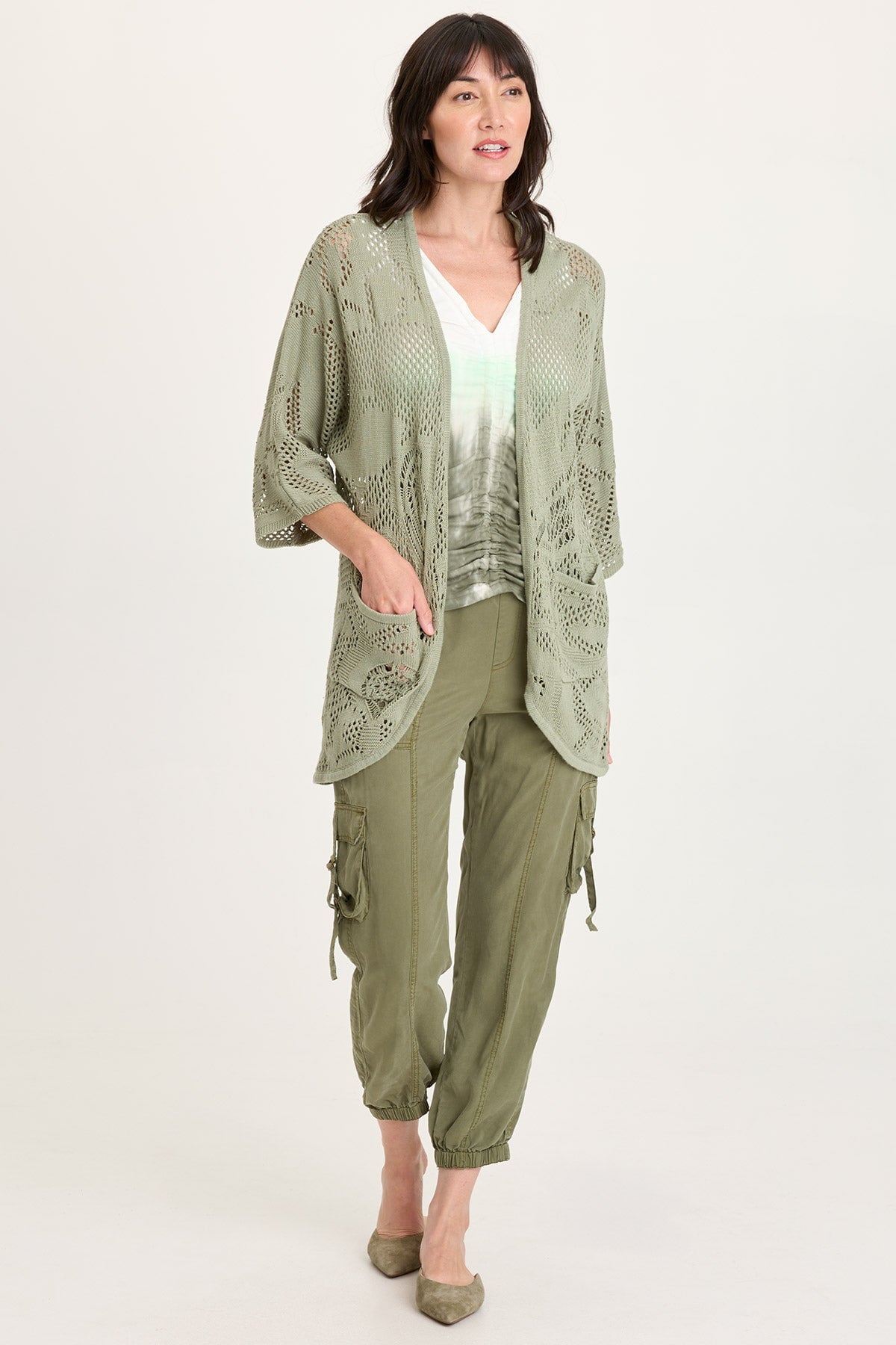 XCVI Redford Cotton Knit Mesh-Like Rounded Hem 3/4 Sleeve Cardigan