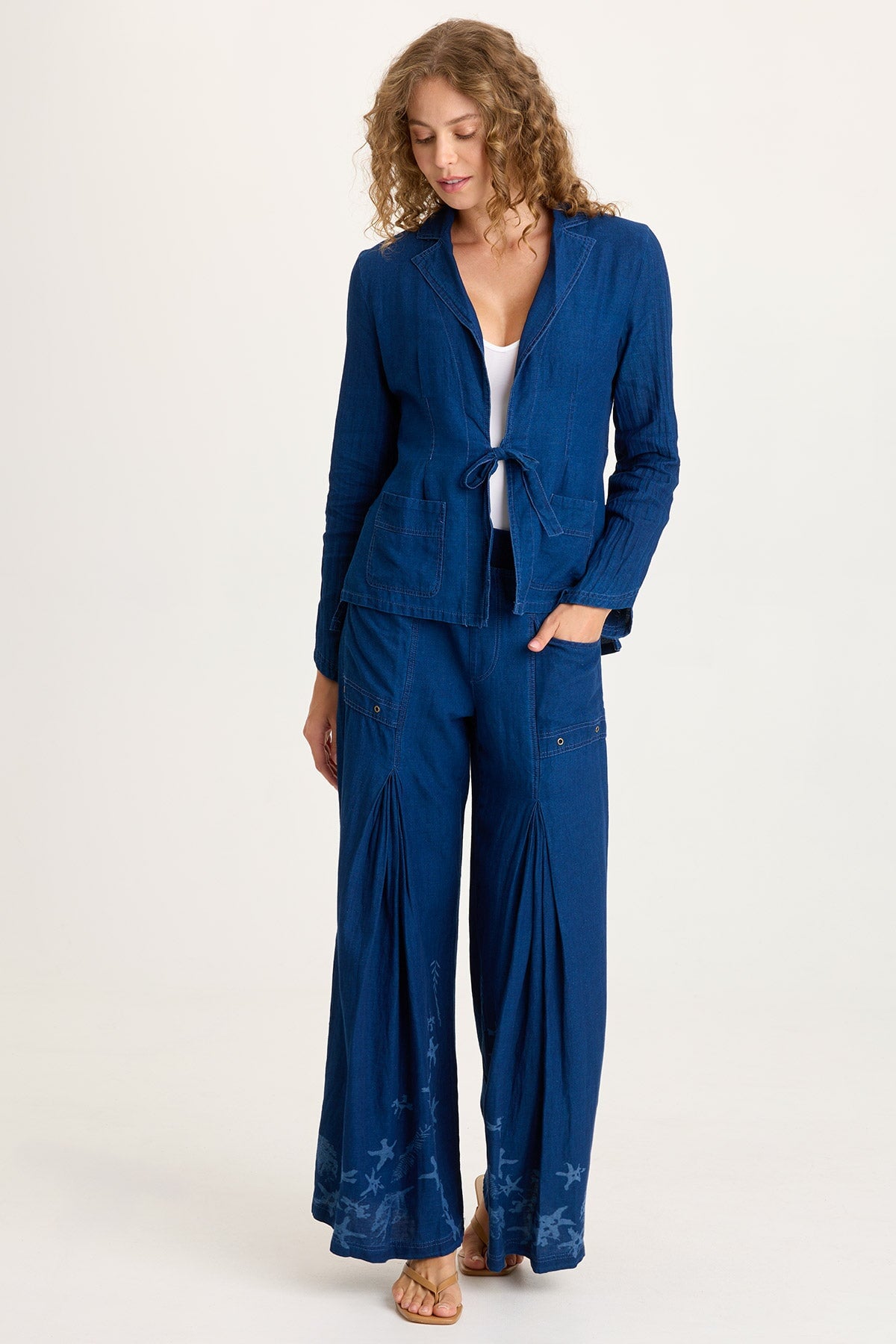 XCVI Jerona Printed Indigo Twill Double Pleated Wide-Leg Pant