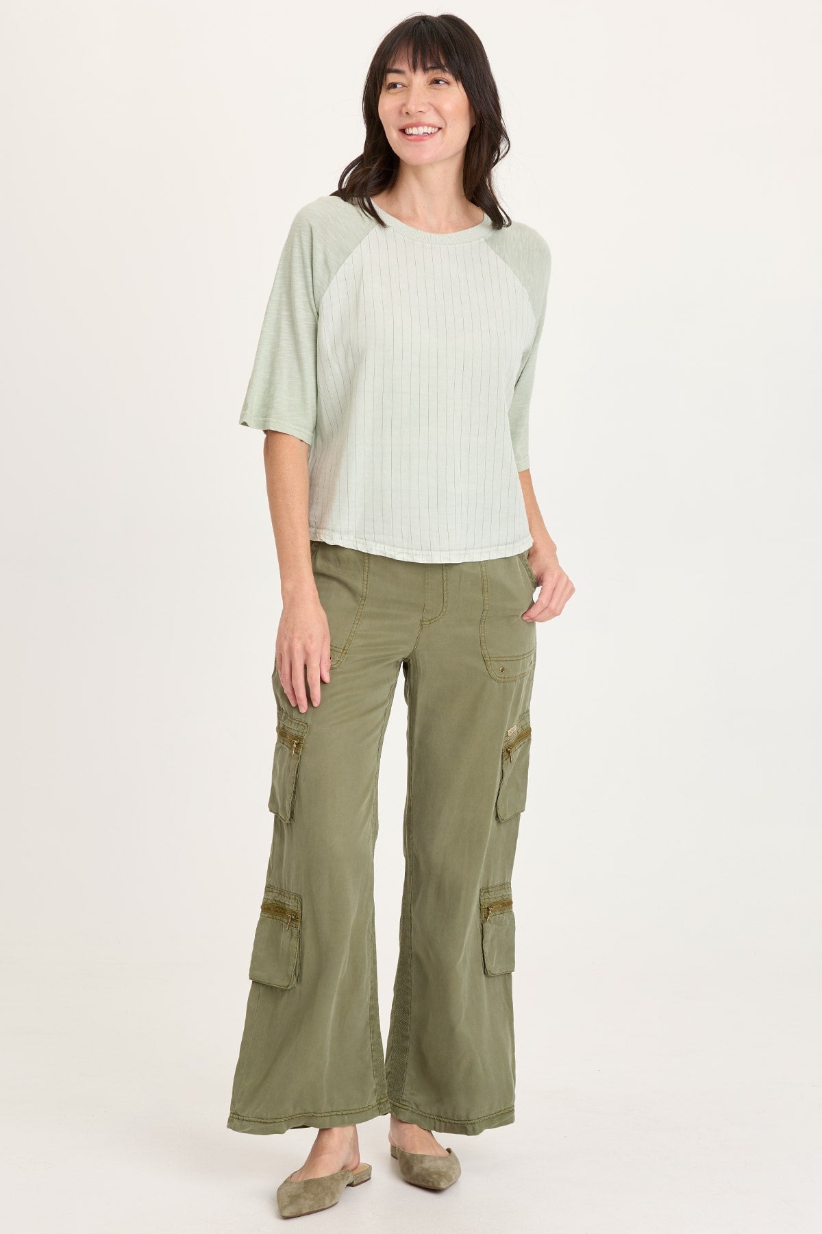 XCVI Jory Pinstripe Twill Raglan Short Sleeve Top
