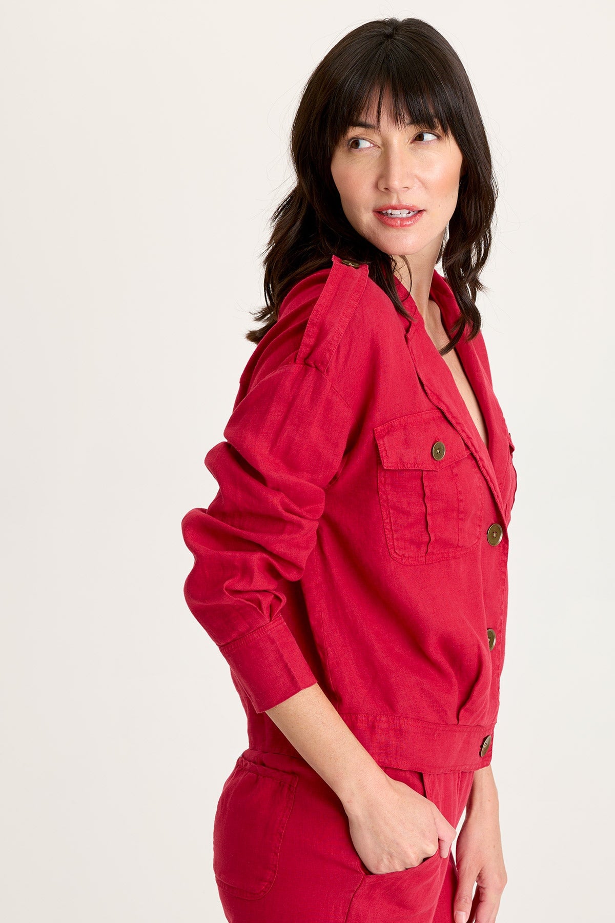 XCVI Linen Exaggerated Collar Pleated Jacket with Brass Hardware