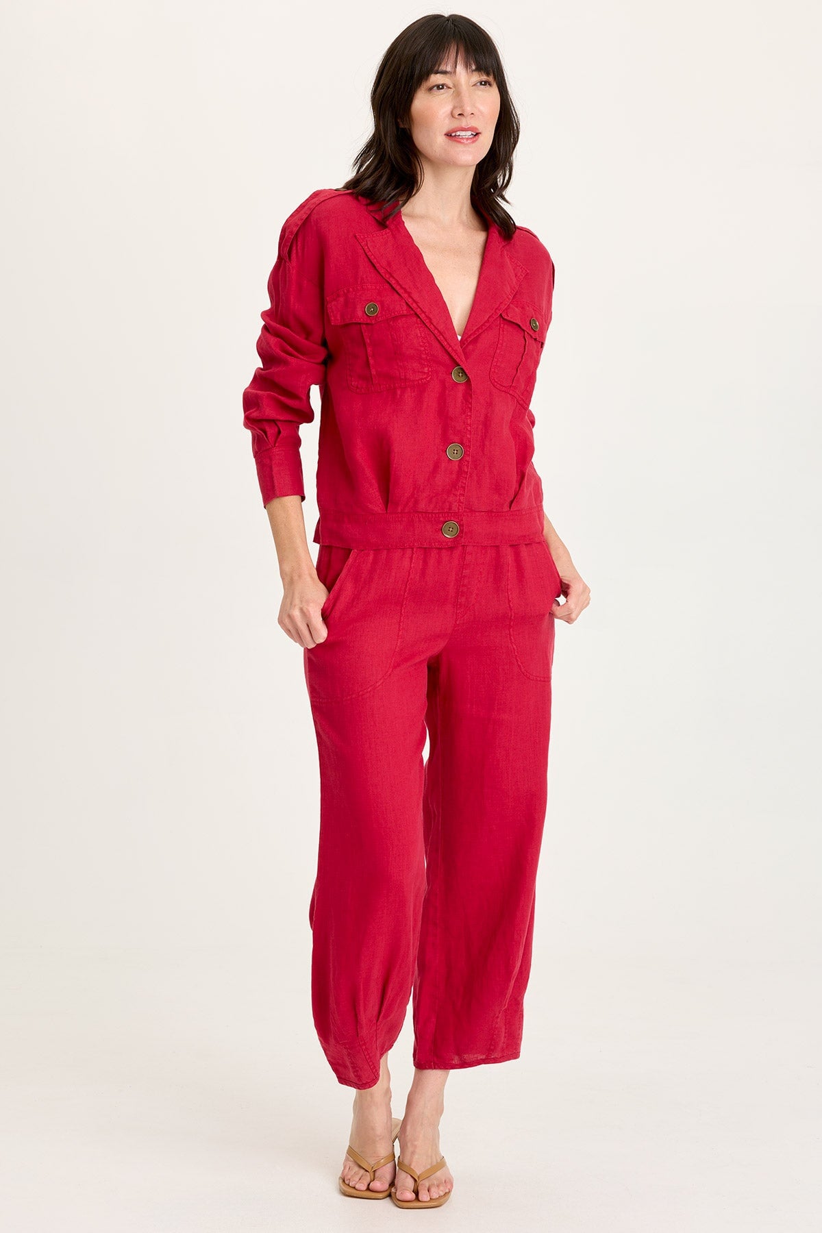 XCVI Linen Exaggerated Collar Pleated Jacket with Brass Hardware