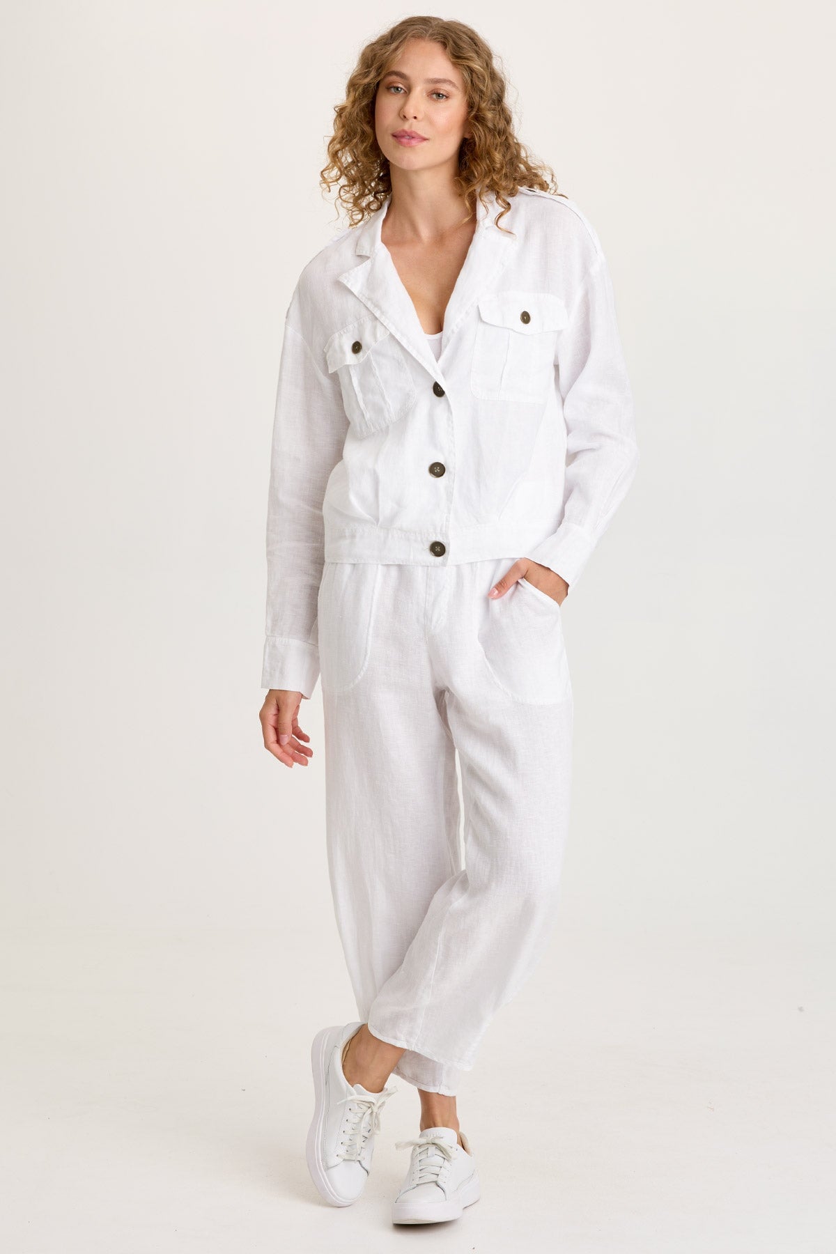 XCVI Linen Exaggerated Collar Pleated Jacket with Brass Hardware