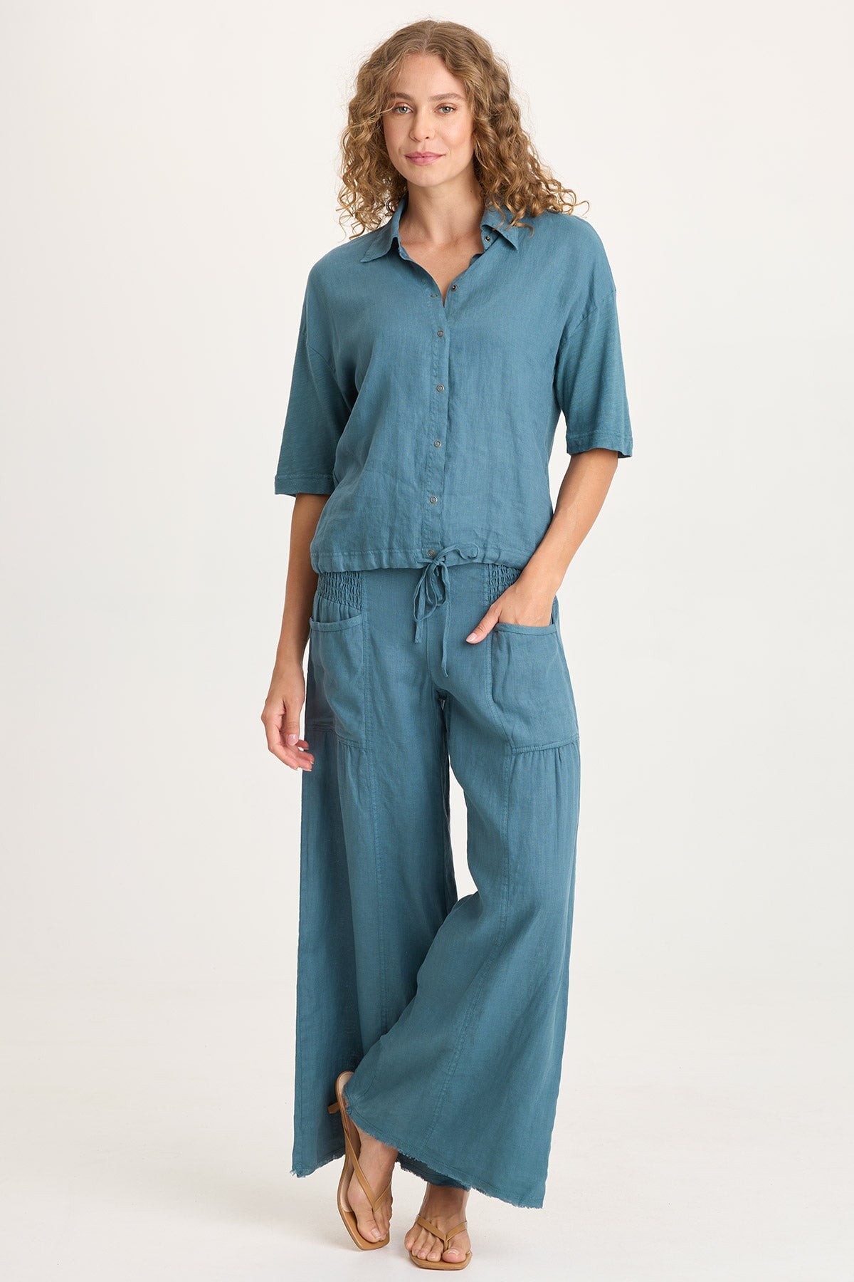 パンツ COALMINE GALANTEED 1930's WESTOVERALLS XCVI Coleson Linen Smocked Waist Pleated Wide Leg Pant