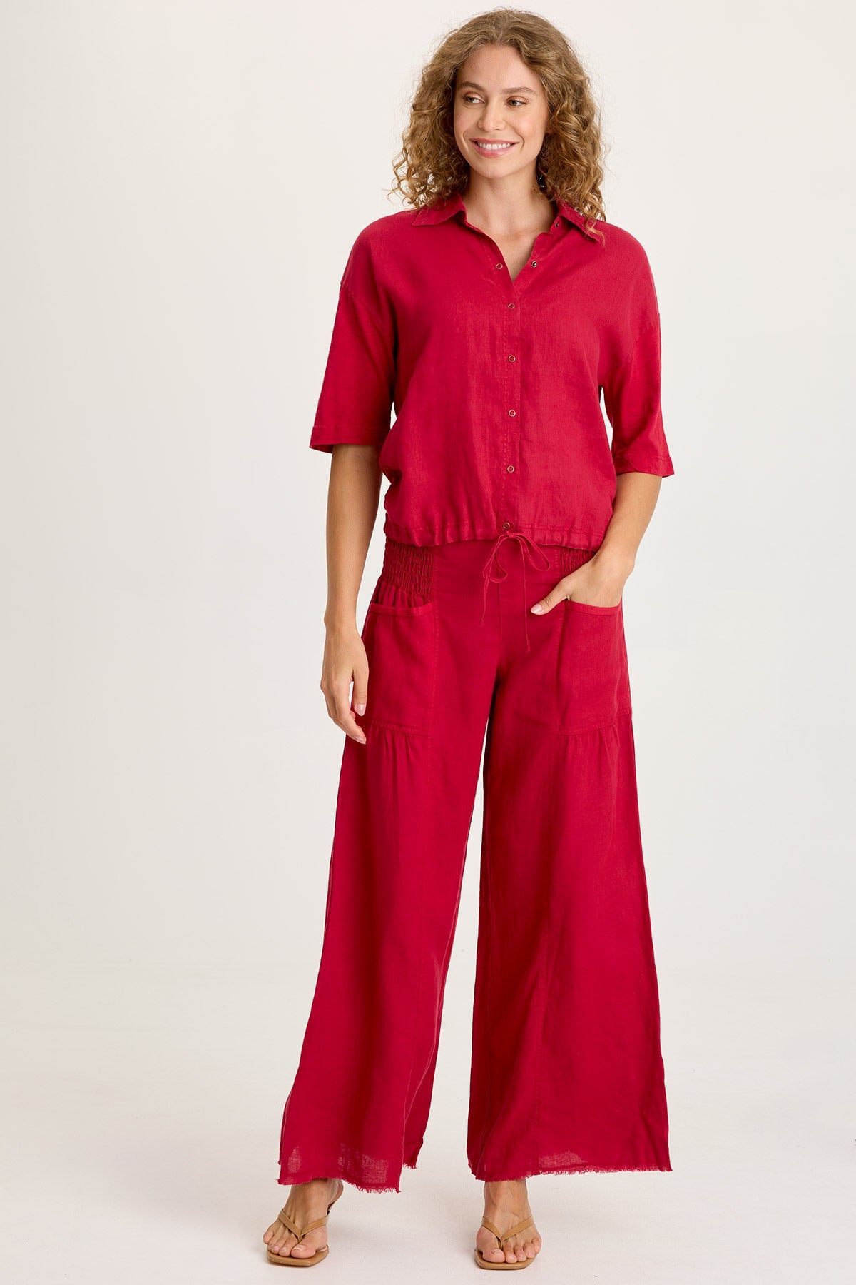 XCVI Coleson Linen Smocked Waist Pleated Wide Leg Pant
