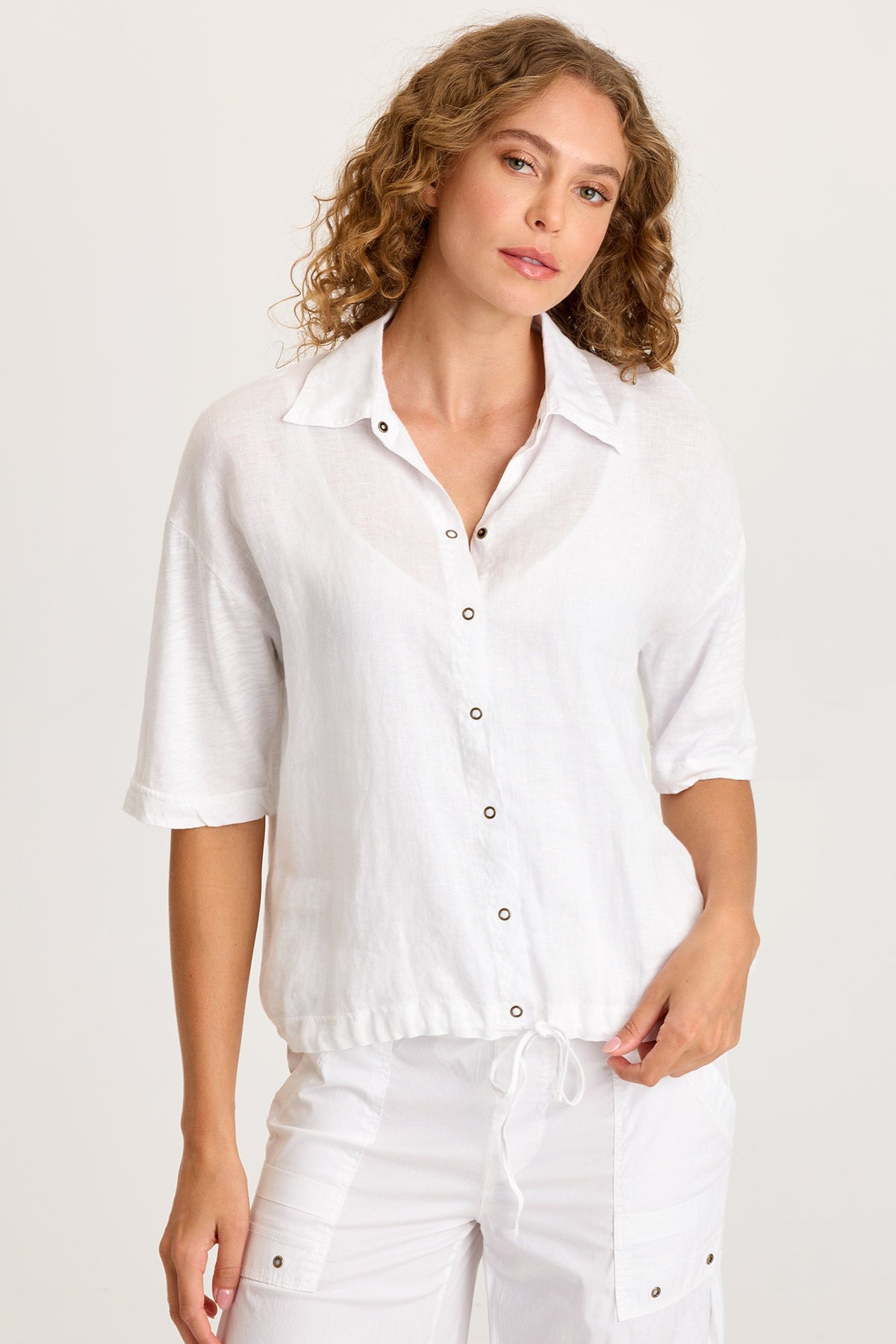 XCVI Balto Linen Snap-Up Top with Cinched Hem and Long Short Sleeves