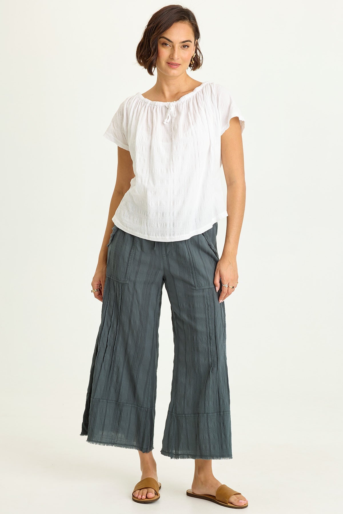 Wearables Doyen Textured Gauze Pin Tuck Raw Edge Detail Crop