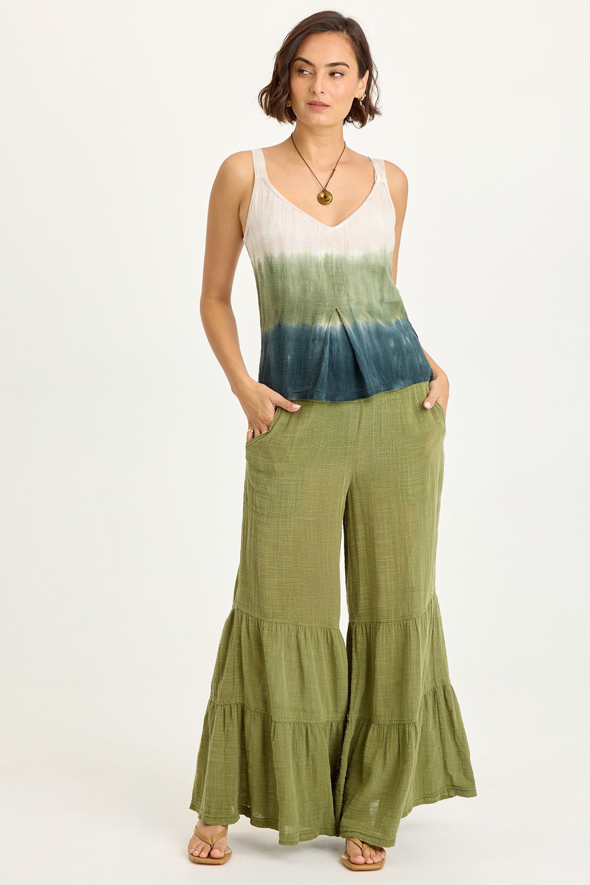 パンツ Lot.2008FloralEmbroideredDaicockSelvedge Wearables Lando Cotton Gauze Tiered-Bottom Pull-On Waist Wide Leg Pant
