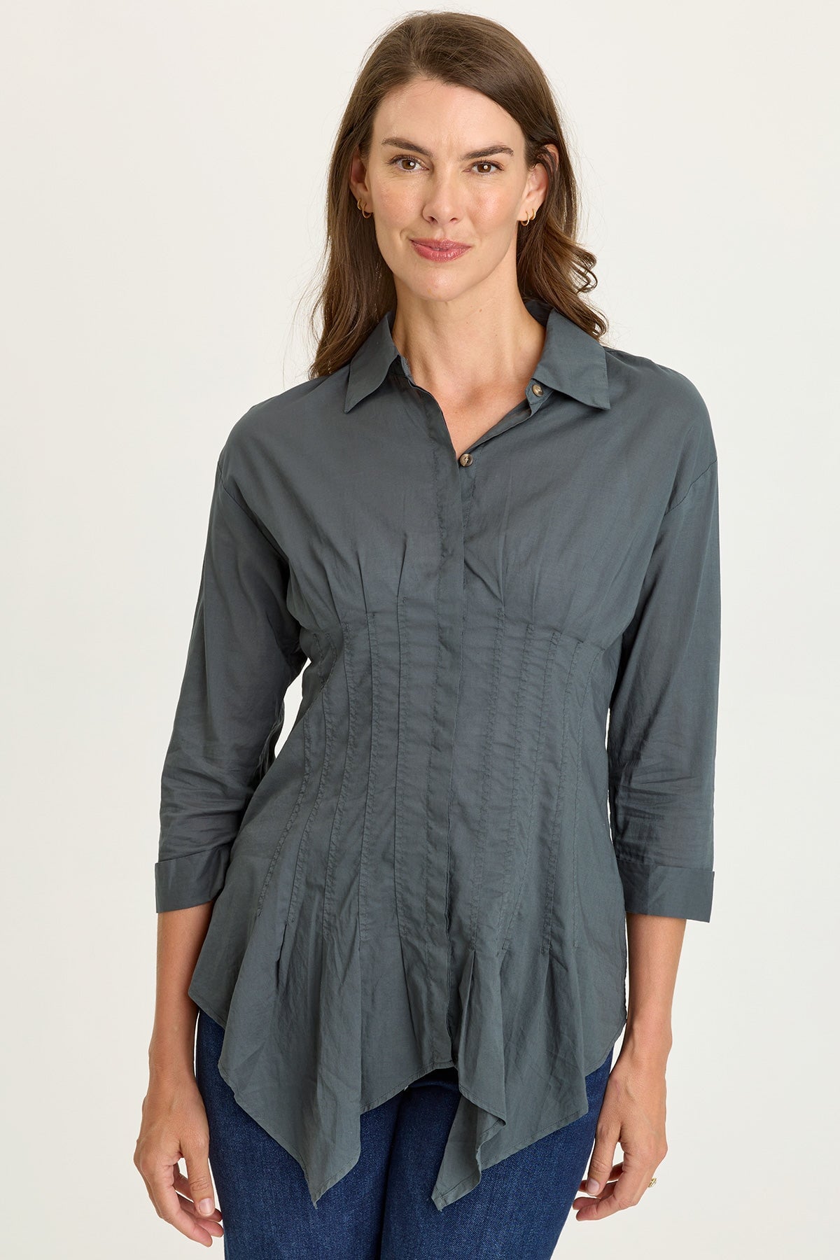 Wearables Ashlan Cotton Voile Pleated Waist Sharkbite Hem Button