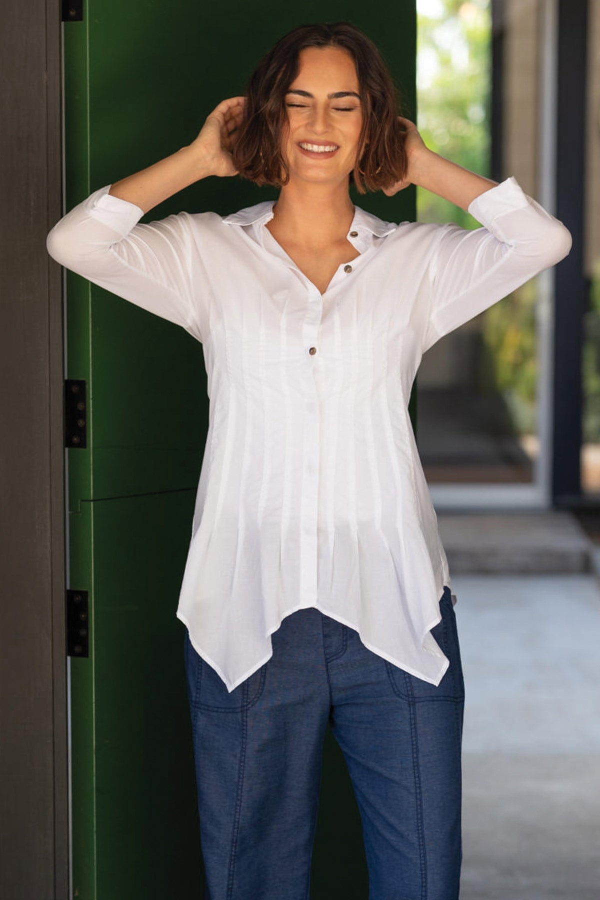 Wearables Ashlan Cotton Voile Pleated Waist Sharkbite Hem Button
